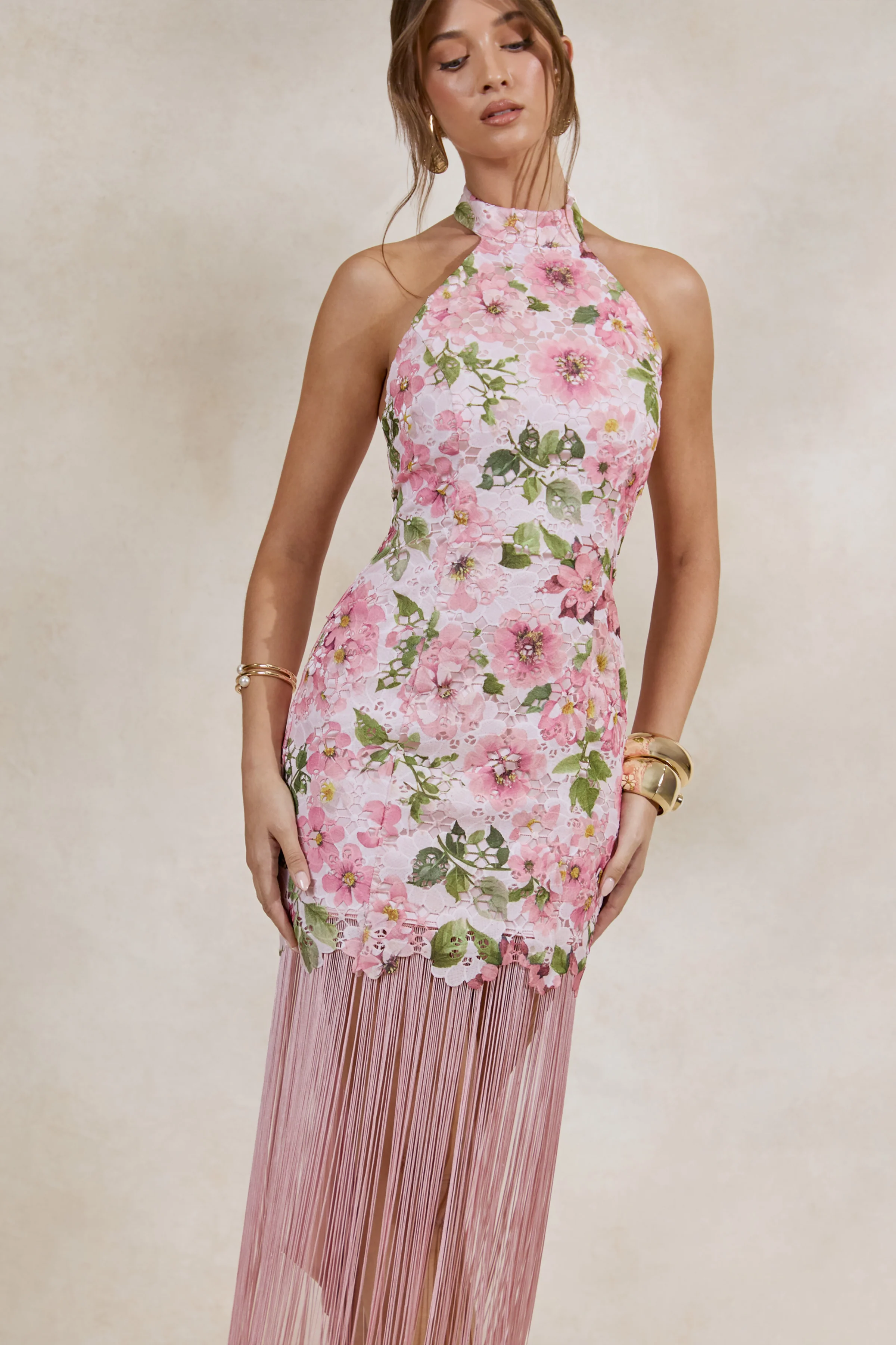 Lerisa | Pink Floral Print Lace Halter-Neck Fringed Maxi Dress - Image 3