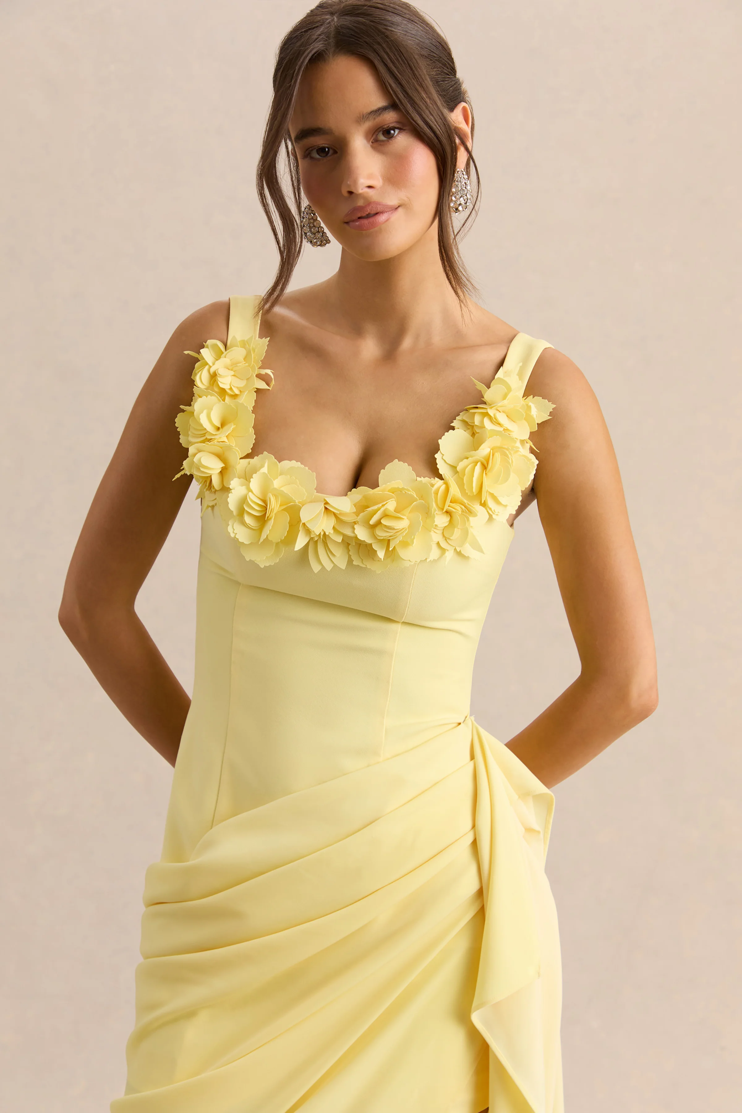 Letitia | Lemon Square-Neck Floral Detailed Wrap Midi Dress - Image 3