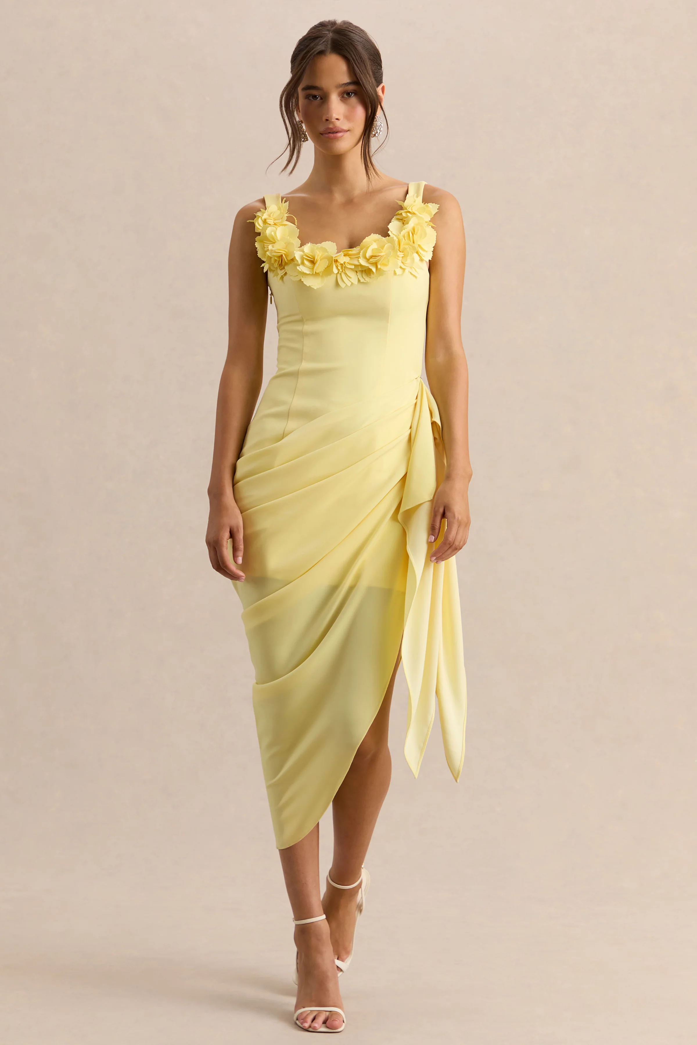 Letitia | Lemon Square-Neck Floral Detailed Wrap Midi Dress - Image 4