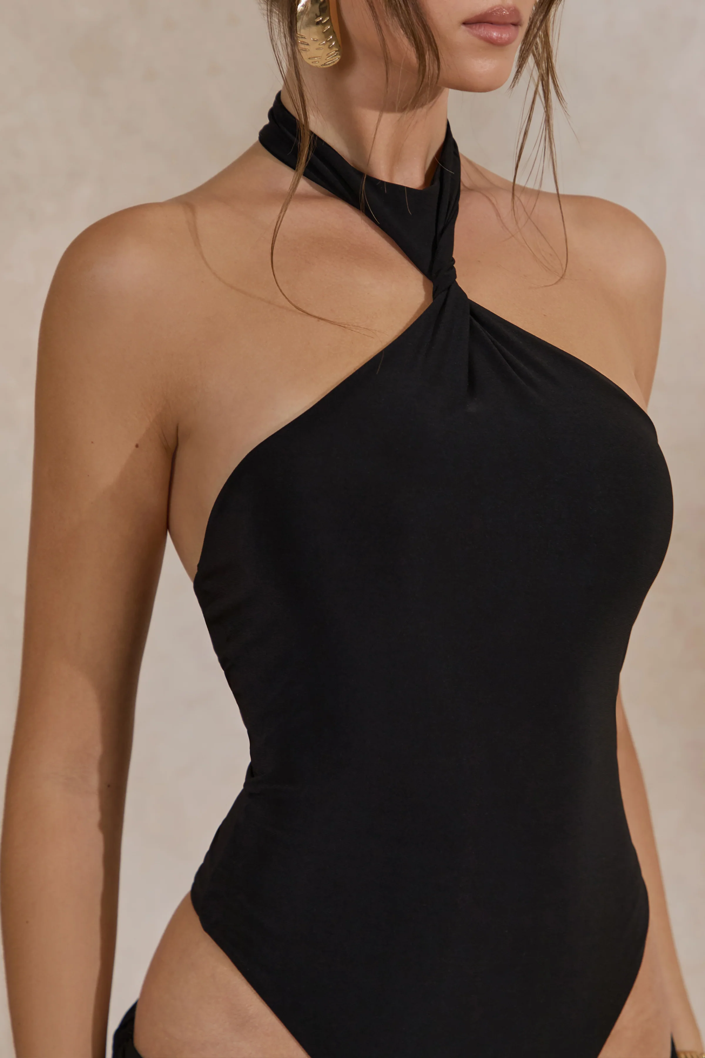 Lillia | Black Twisted Halter Neck Thong Bodysuit - Image 6