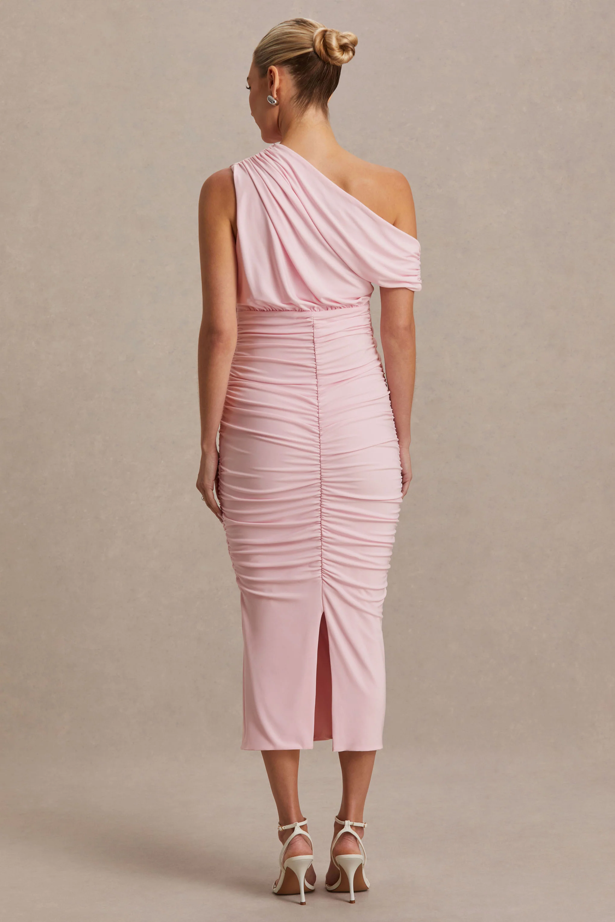 Linnea | Blush Pink Asymmetric-Neck Maternity Midi Dress - Image 2