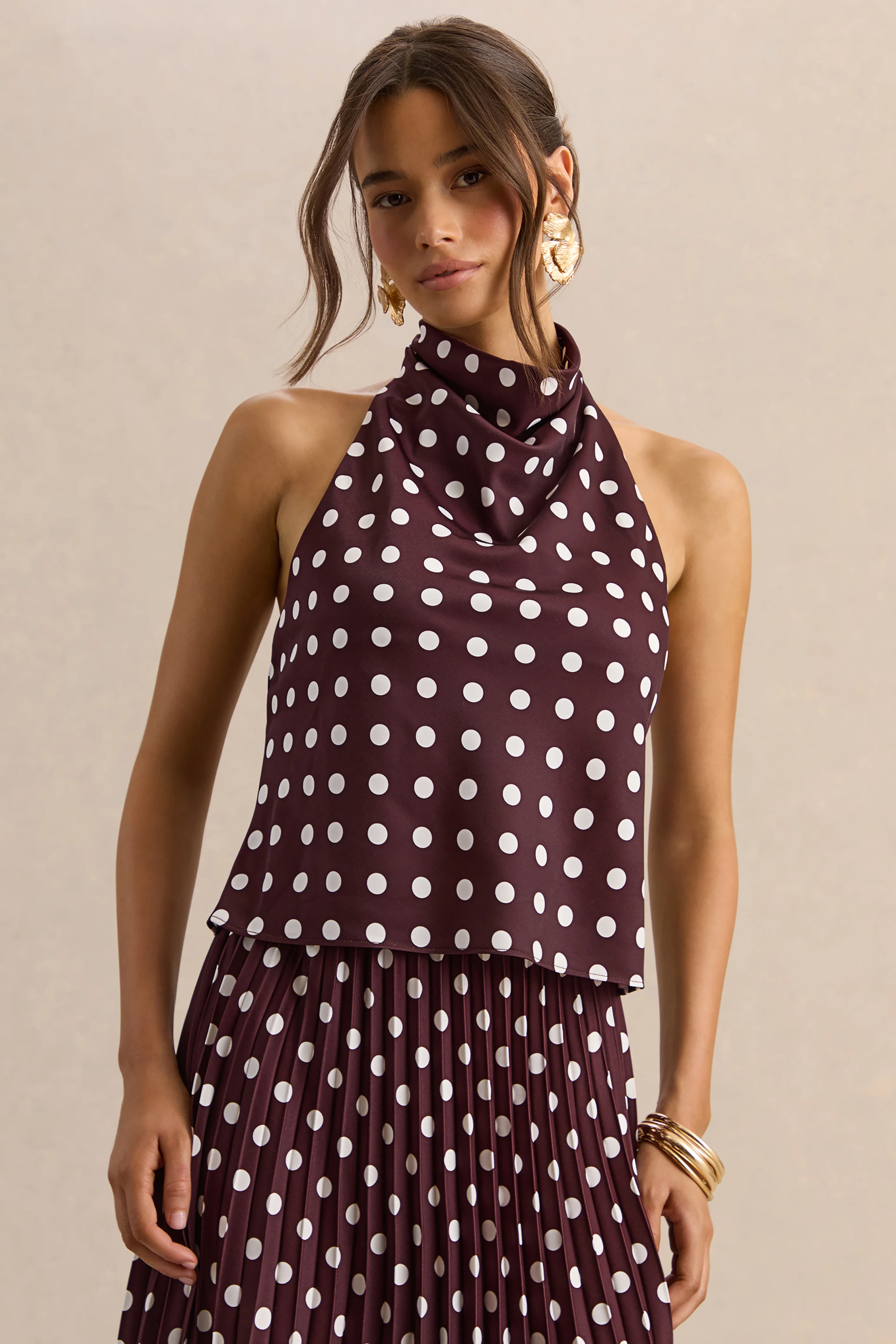 Lirona | Brown Polka-Dot Satin High-Neck Top - Image 2