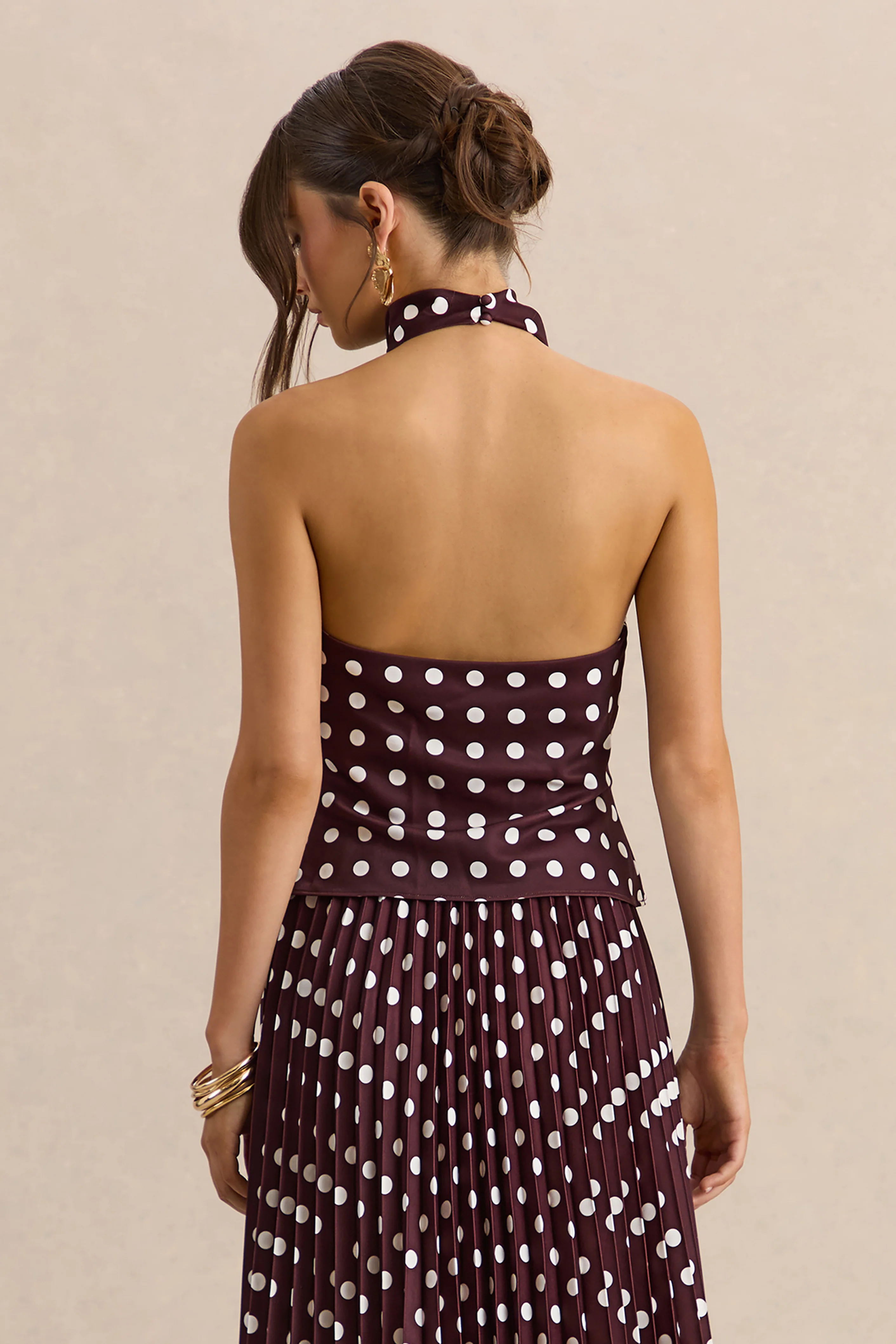 Lirona | Brown Polka-Dot Satin High-Neck Top - Image 3