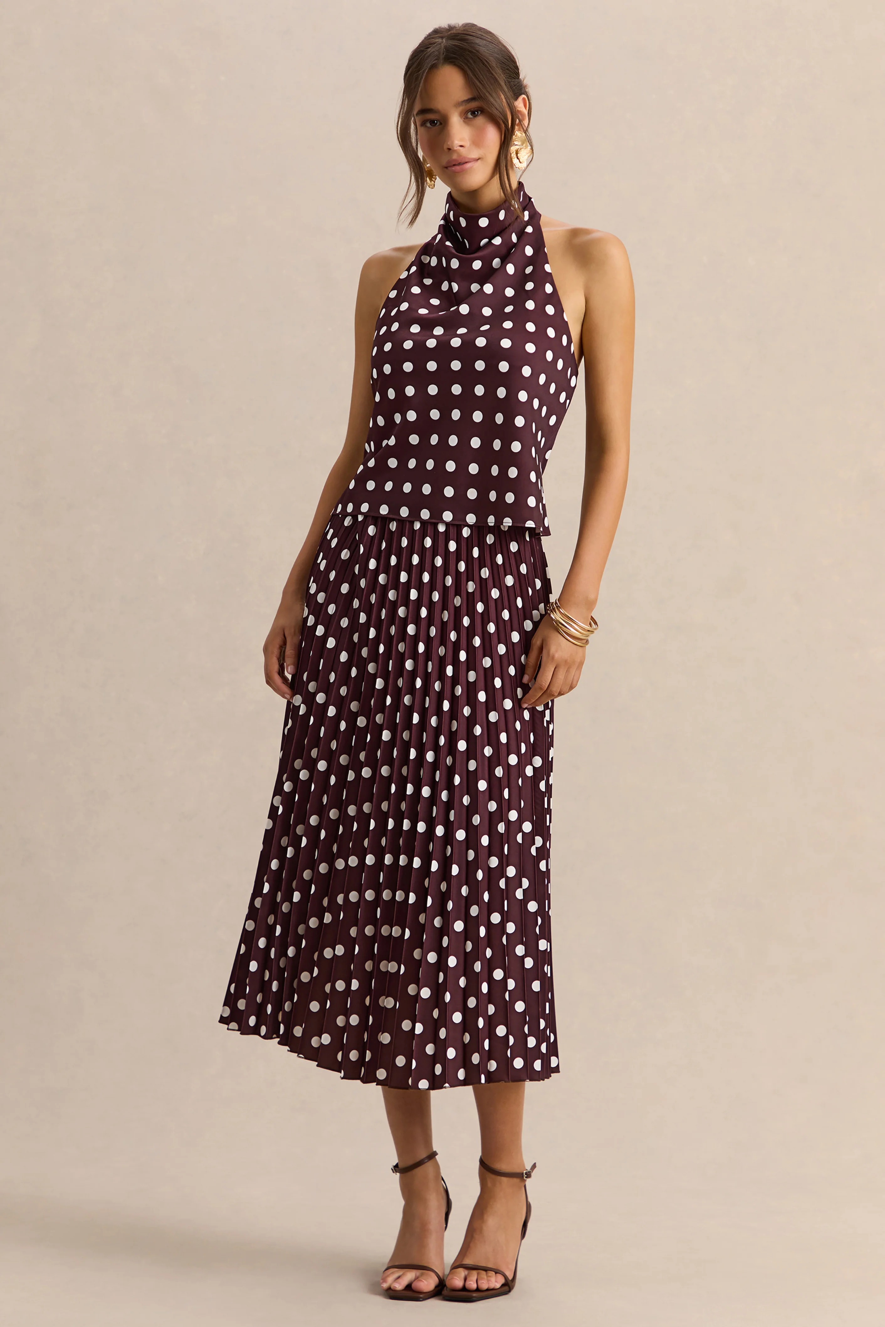 Lirona | Brown Polka-Dot Satin High-Neck Top - Image 4