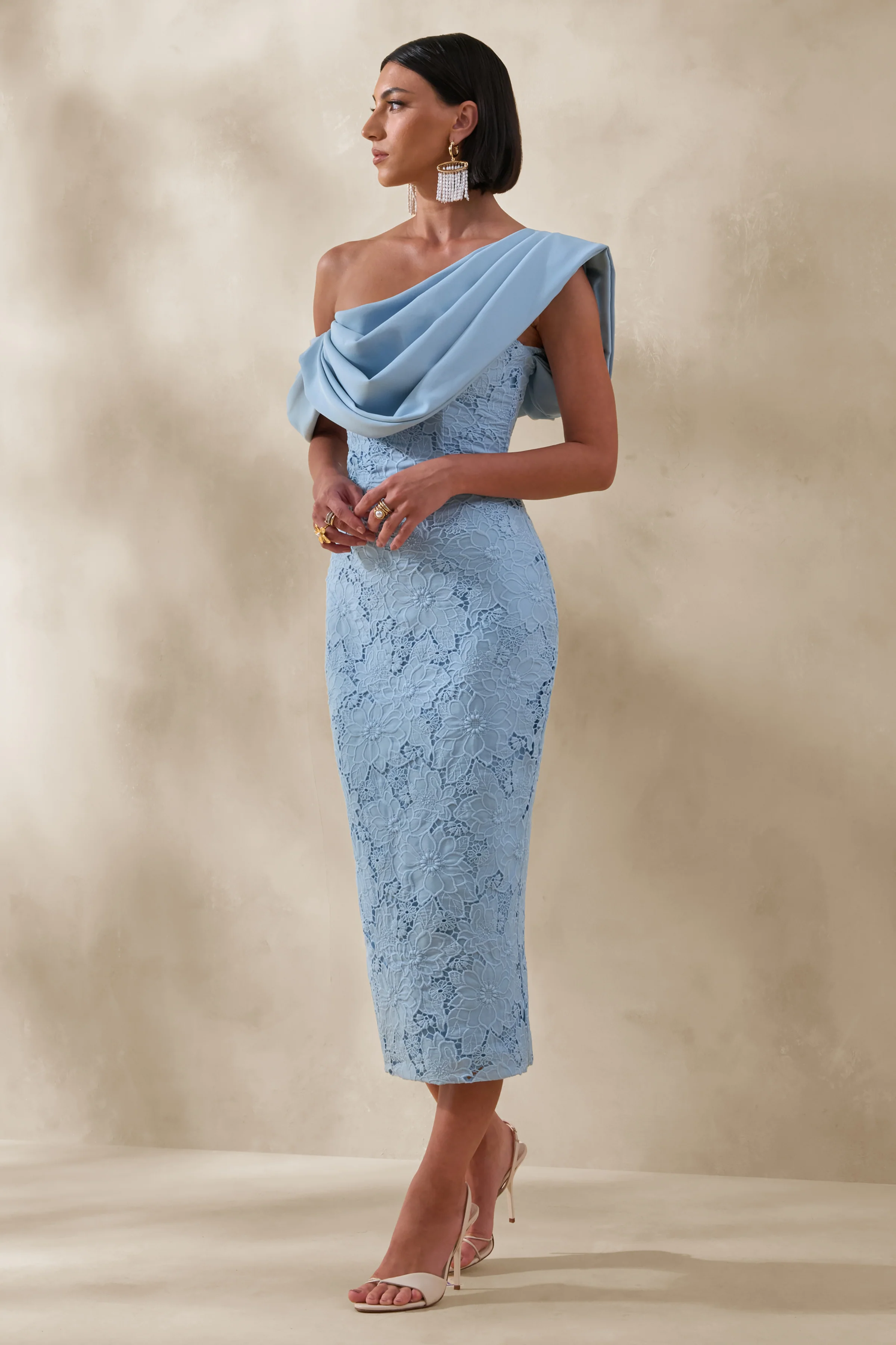 Loria | Powder Blue Lace Asymmetric-Neck Midi Dress With Draped Detailing - Image 4
