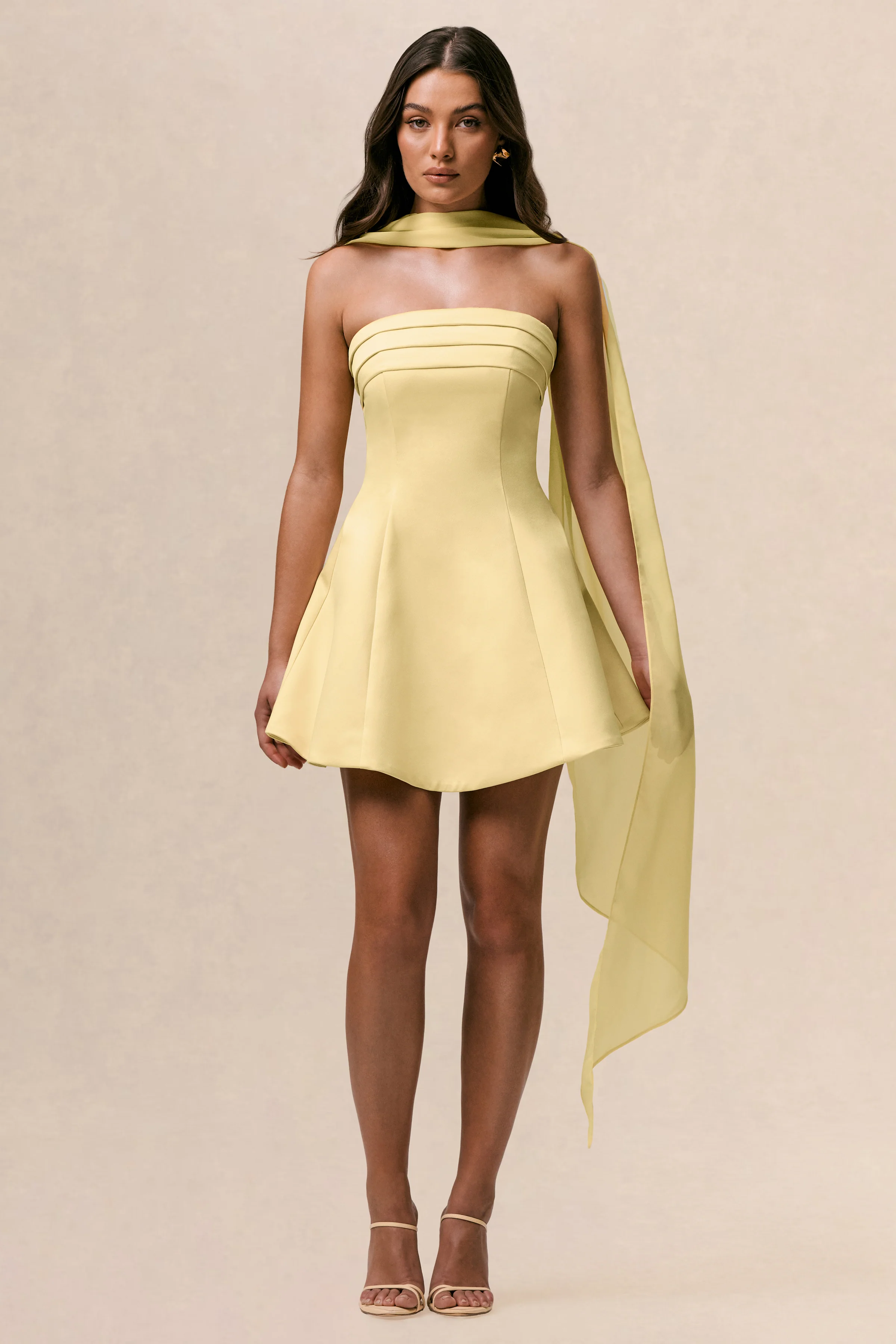 Love Me | Lemon Satin Skater Mini Dress With Chiffon Scarf - Image 4