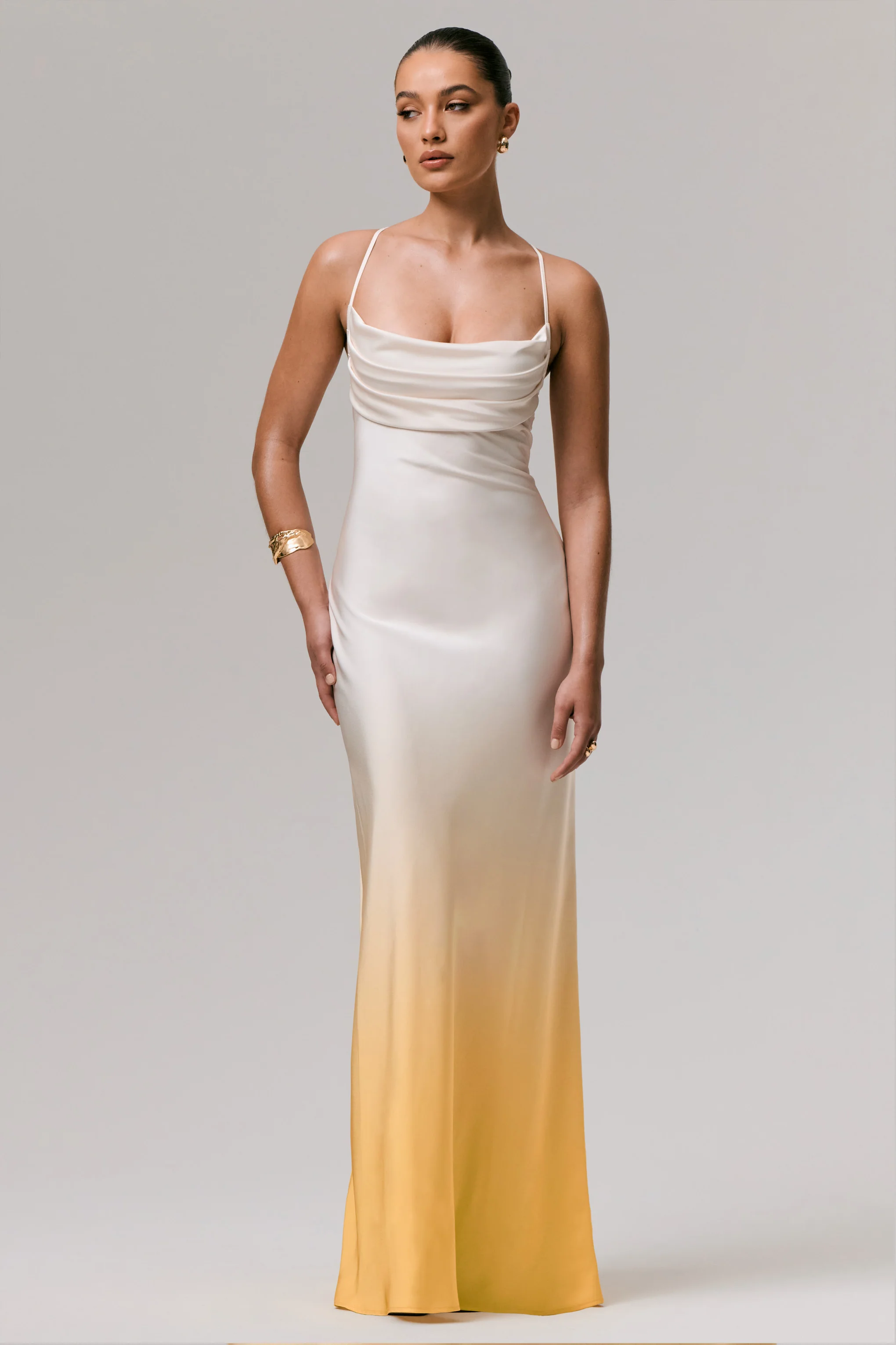 Lucie | Yellow Ombre Satin Cowl-Neck Maxi Dress - Image 4