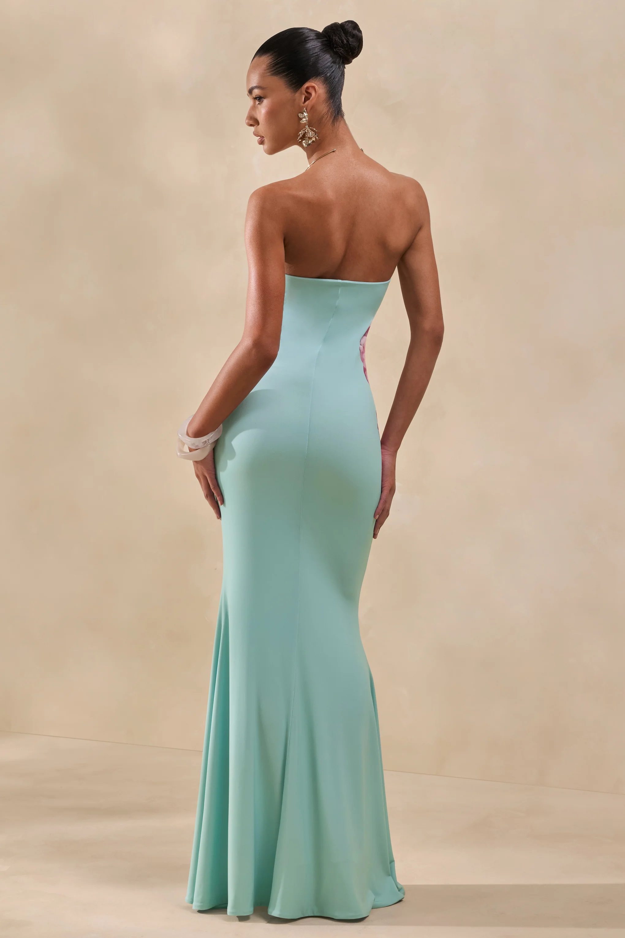 Lumia | Sage And Pink Placement Print Bandeau Maxi Dress - Image 2