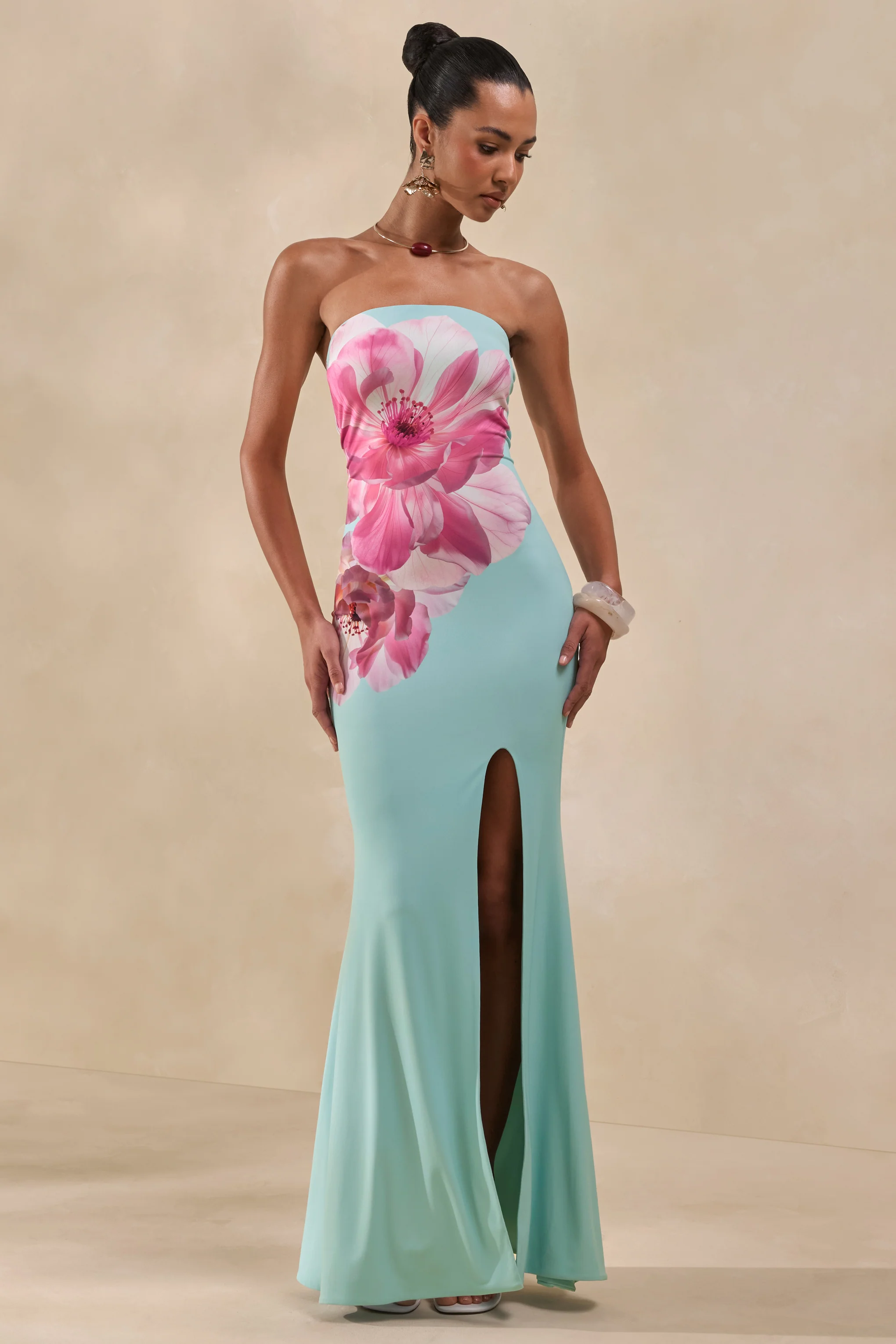 Lumia | Sage And Pink Placement Print Bandeau Maxi Dress - Image 4