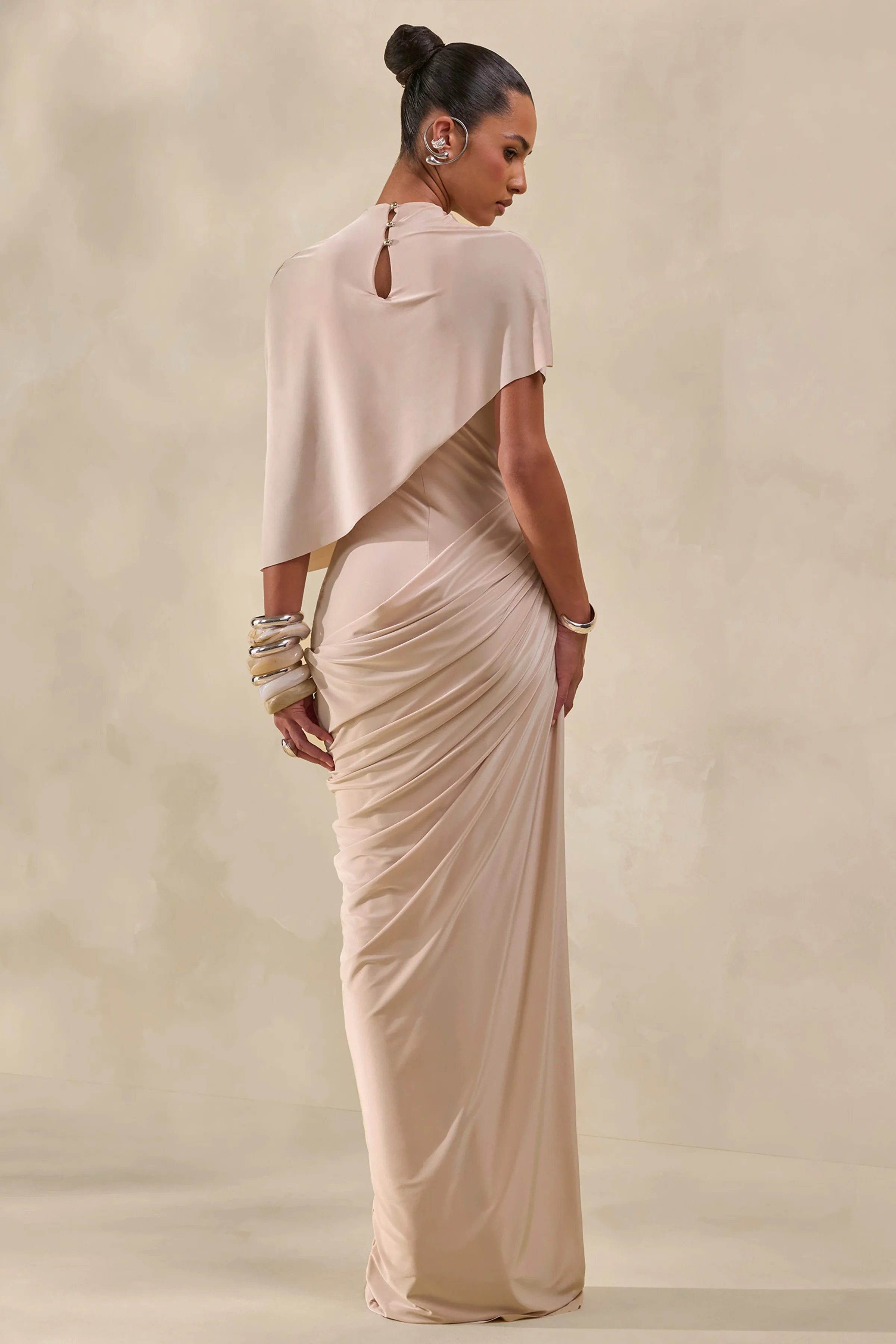 Lunaline | Champagne High-Neck Maxi Dress With Asymmetric Cape And Draped-Detailing - Image 5