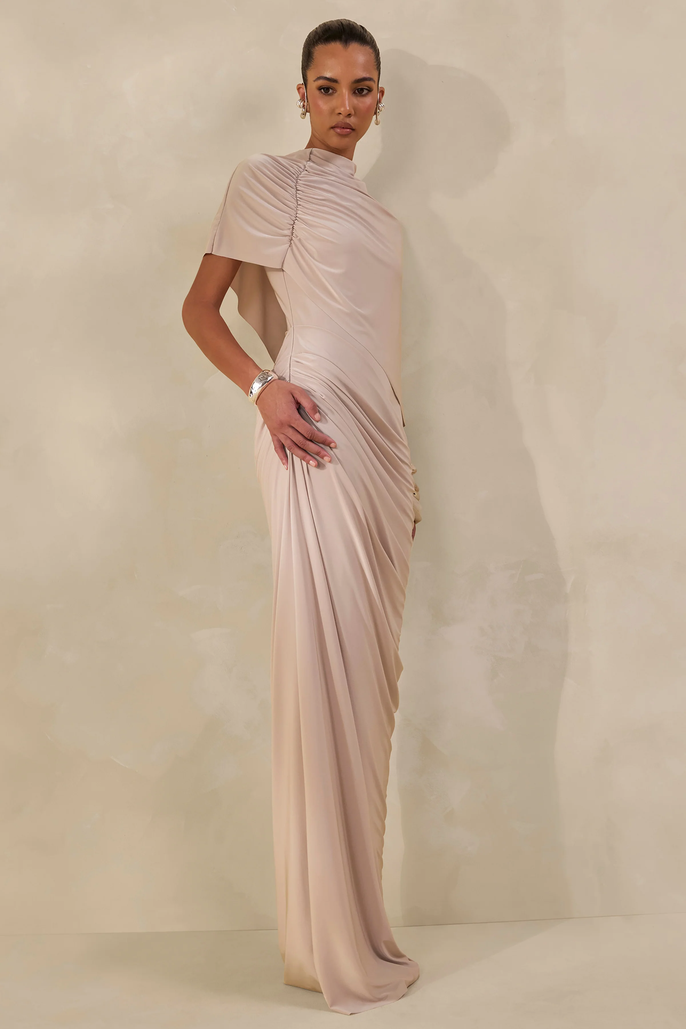 Lunaline | Champagne High-Neck Maxi Dress With Asymmetric Cape And Draped-Detailing - Image 8