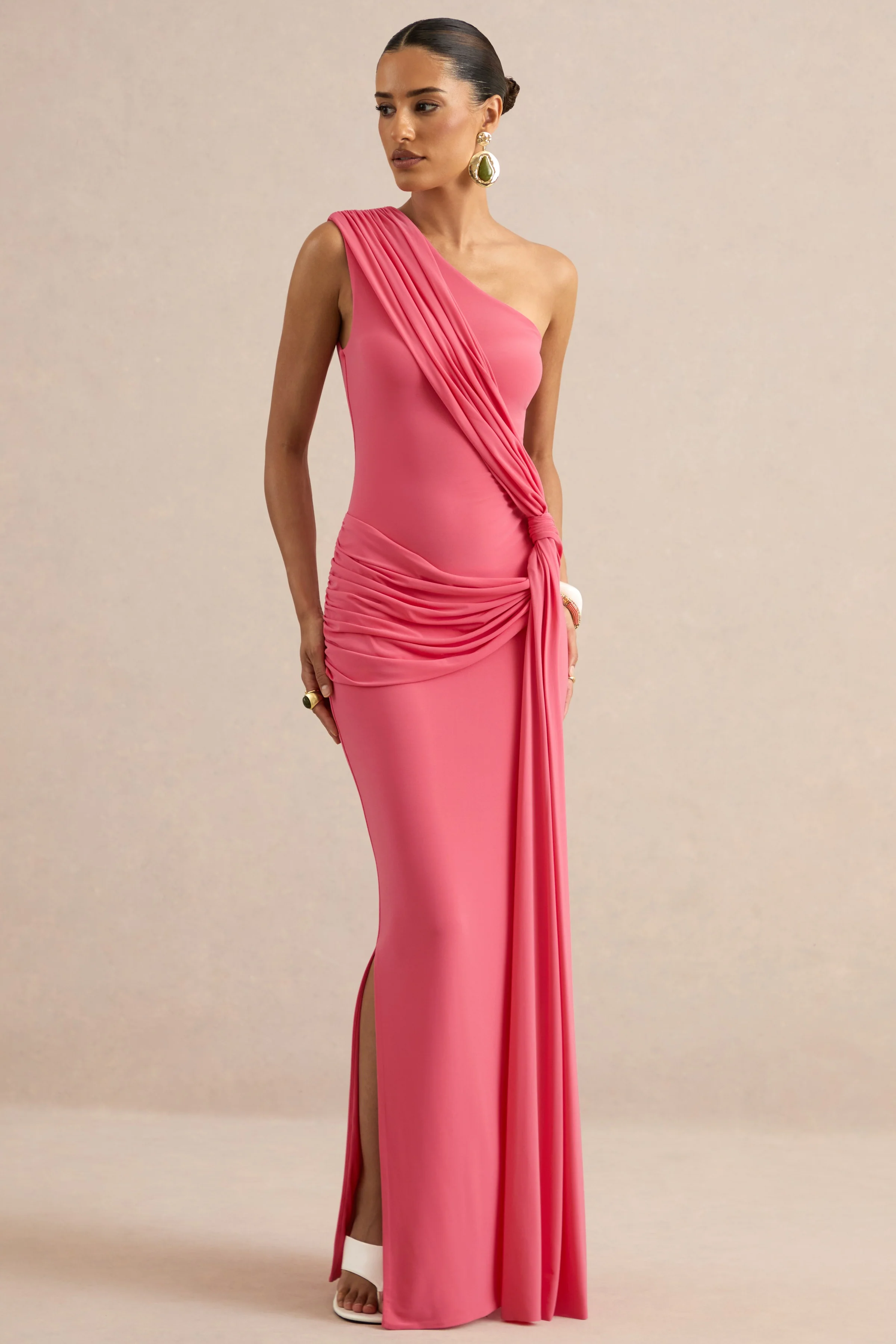 Lunoria | Coral Asymmetric-Neck Maxi Dress With Gathered-Detailing - Image 4