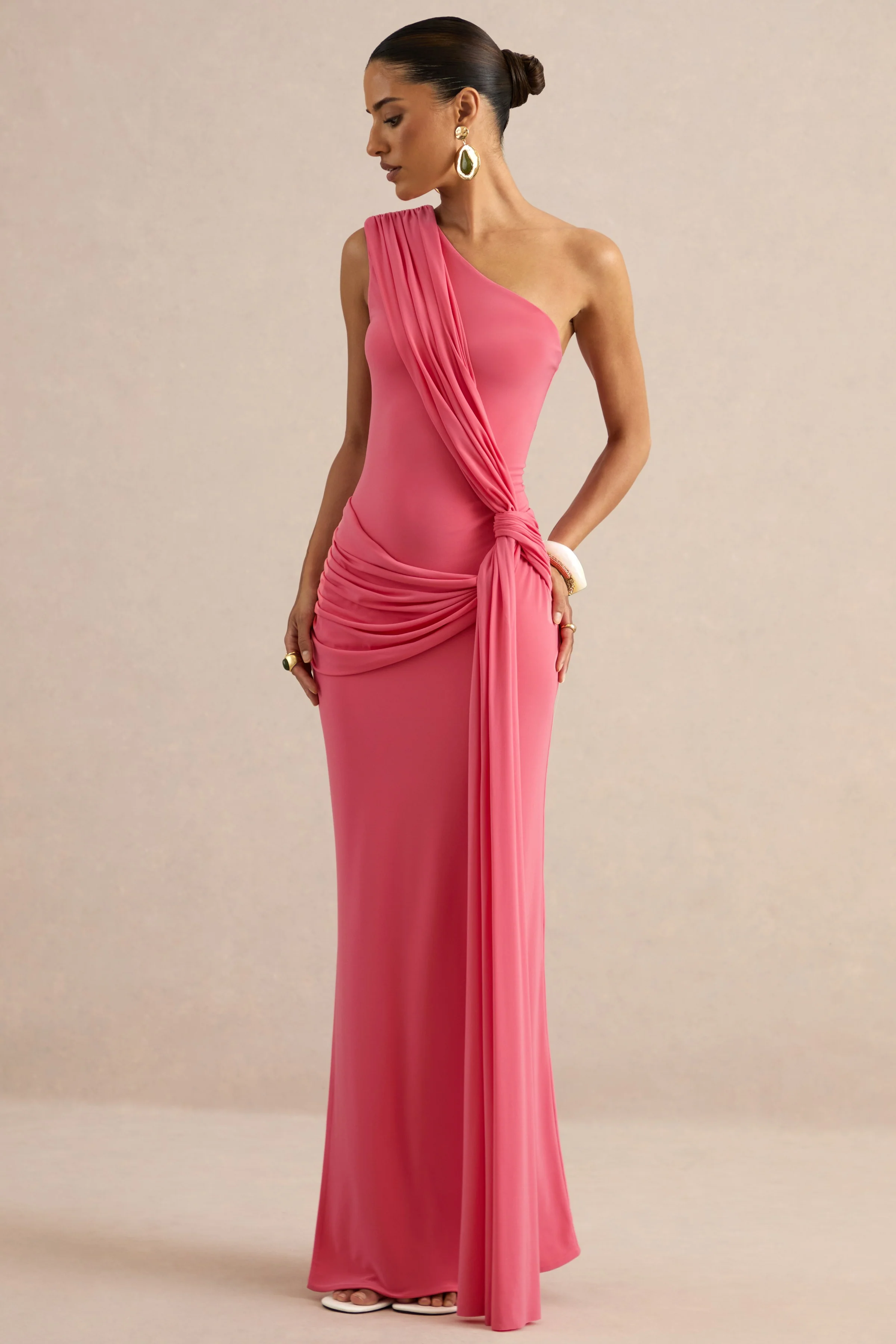 Lunoria | Coral Asymmetric-Neck Maxi Dress With Gathered-Detailing - Image 5