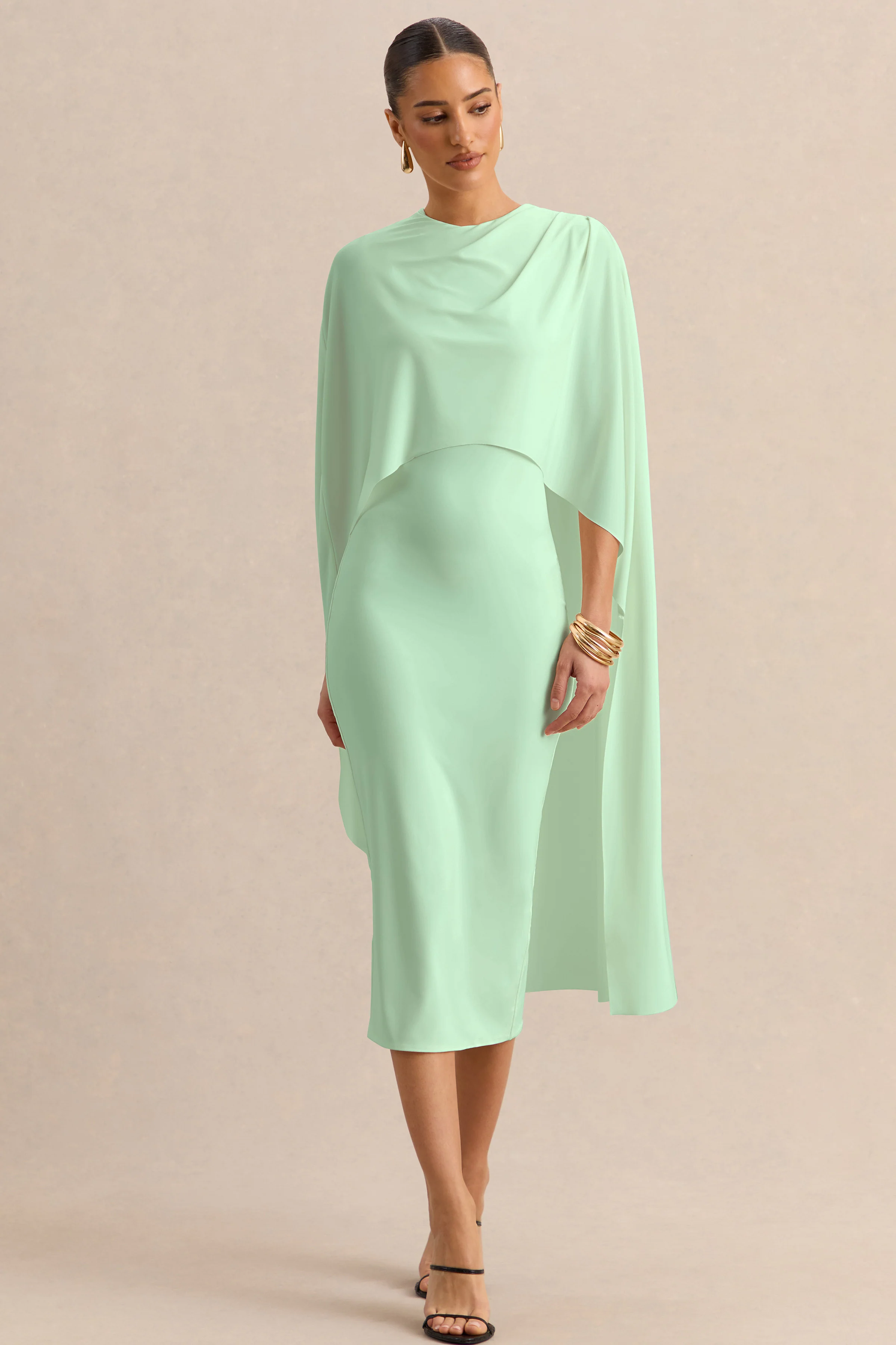 Luxalyn | Green Round-Neck Midi Dress With Cape-Detail