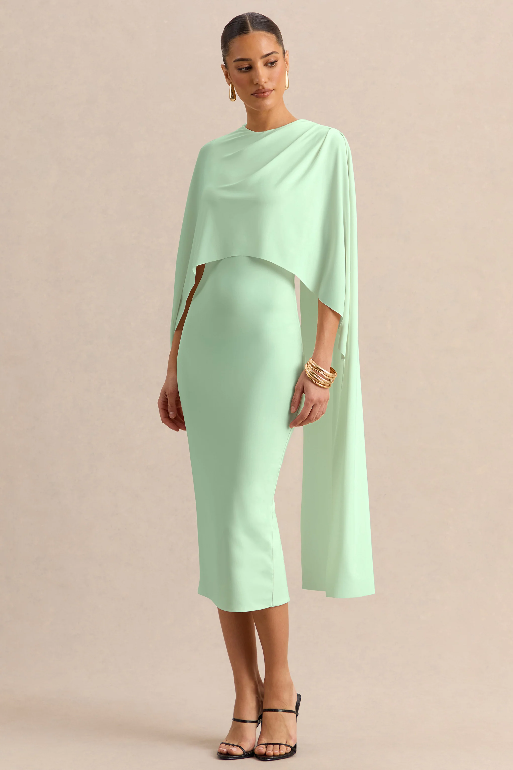 Luxalyn | Green Round-Neck Midi Dress With Cape-Detail - Image 5