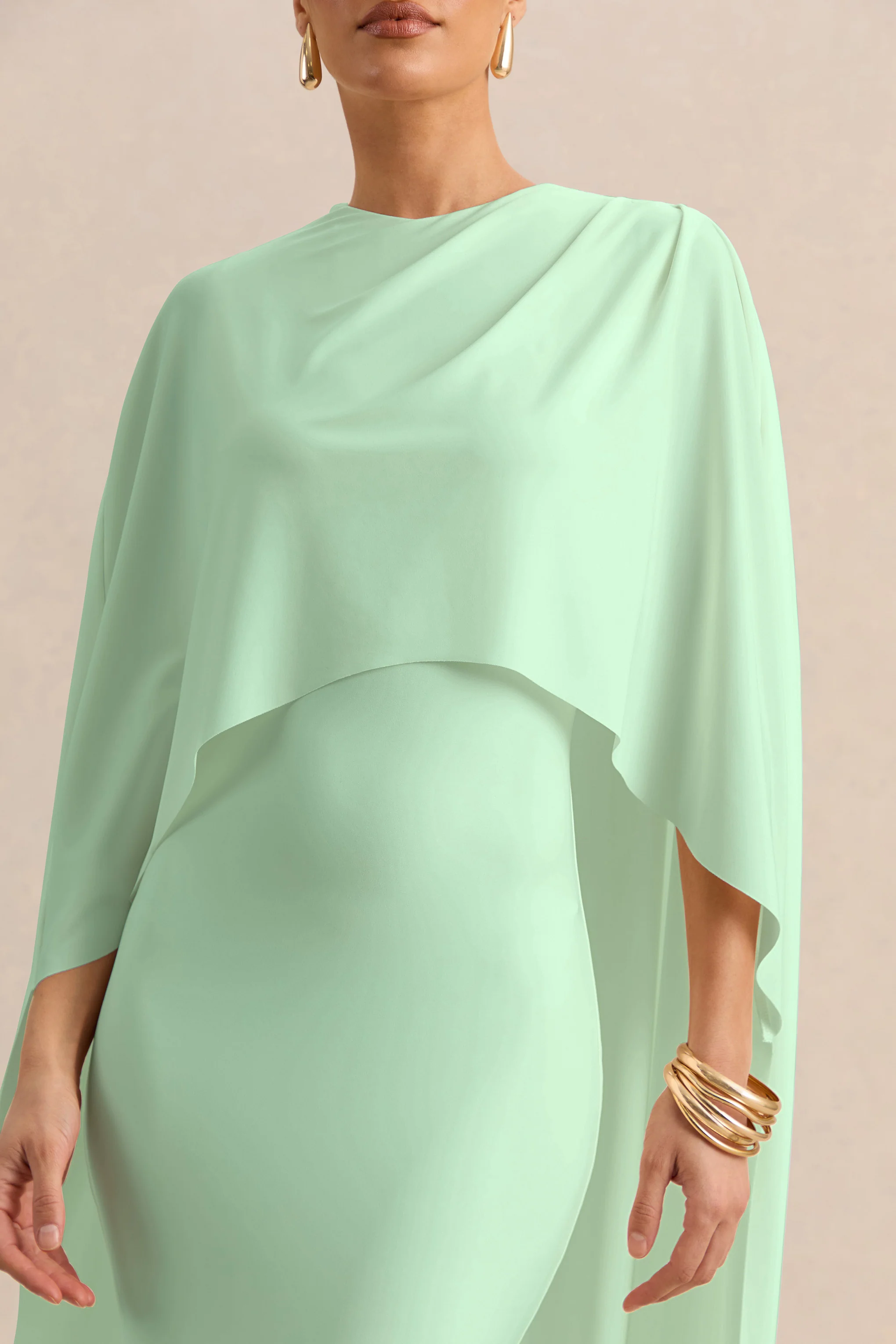 Luxalyn | Green Round-Neck Midi Dress With Cape-Detail - Image 6