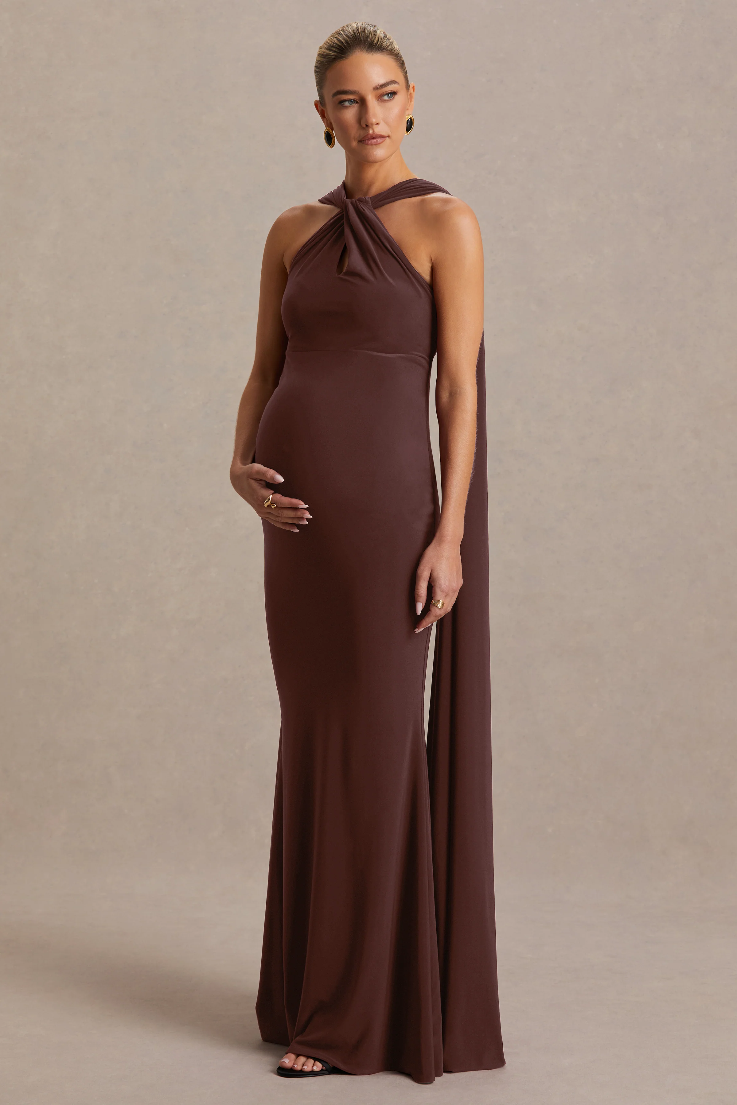 Lyra | Brown Cross Halter-Neck Maternity Maxi Dress With Cape
