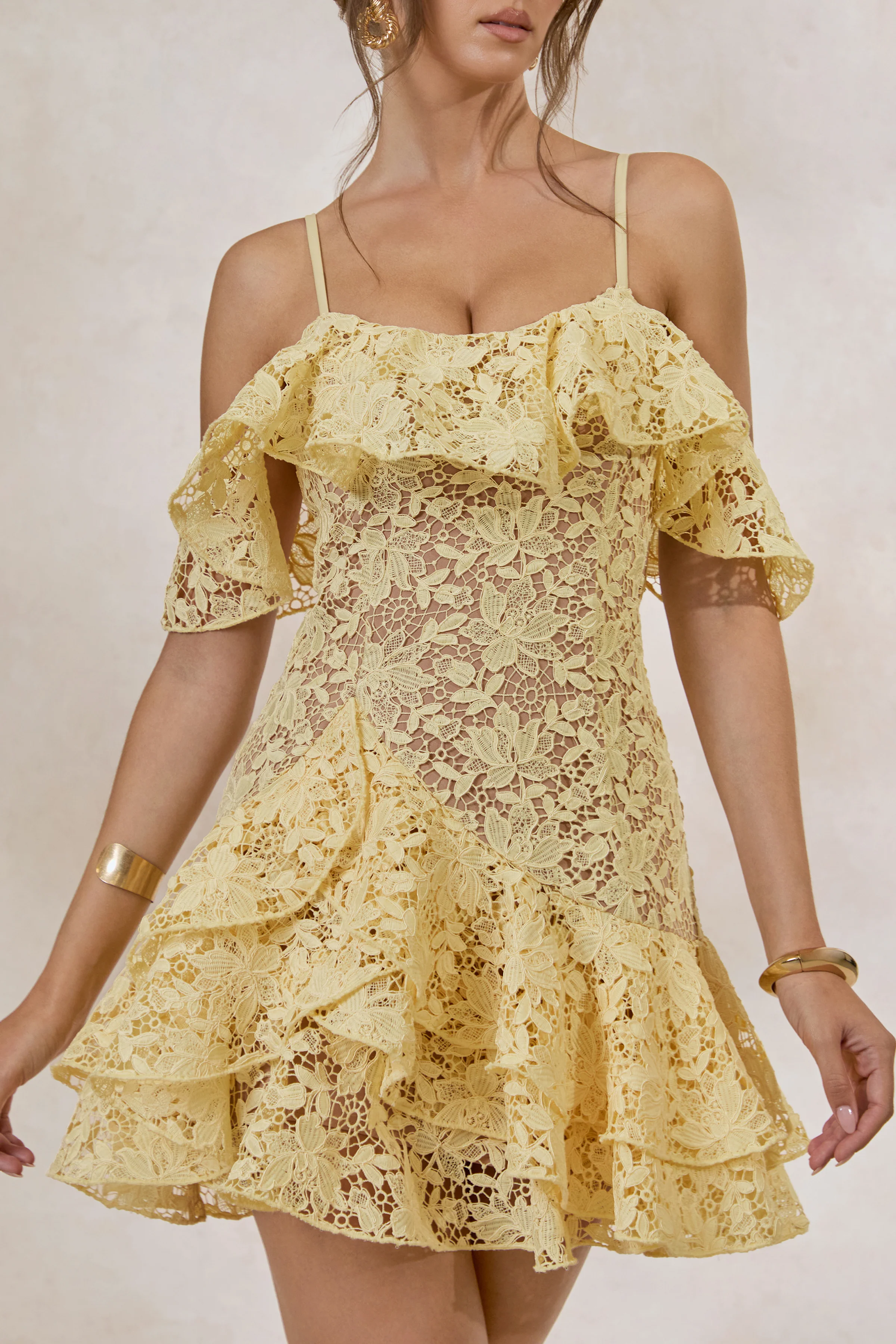 Lyris | Lemon Lace Scoop-Neck Mini Dress With Ruffled Detailing - Image 3