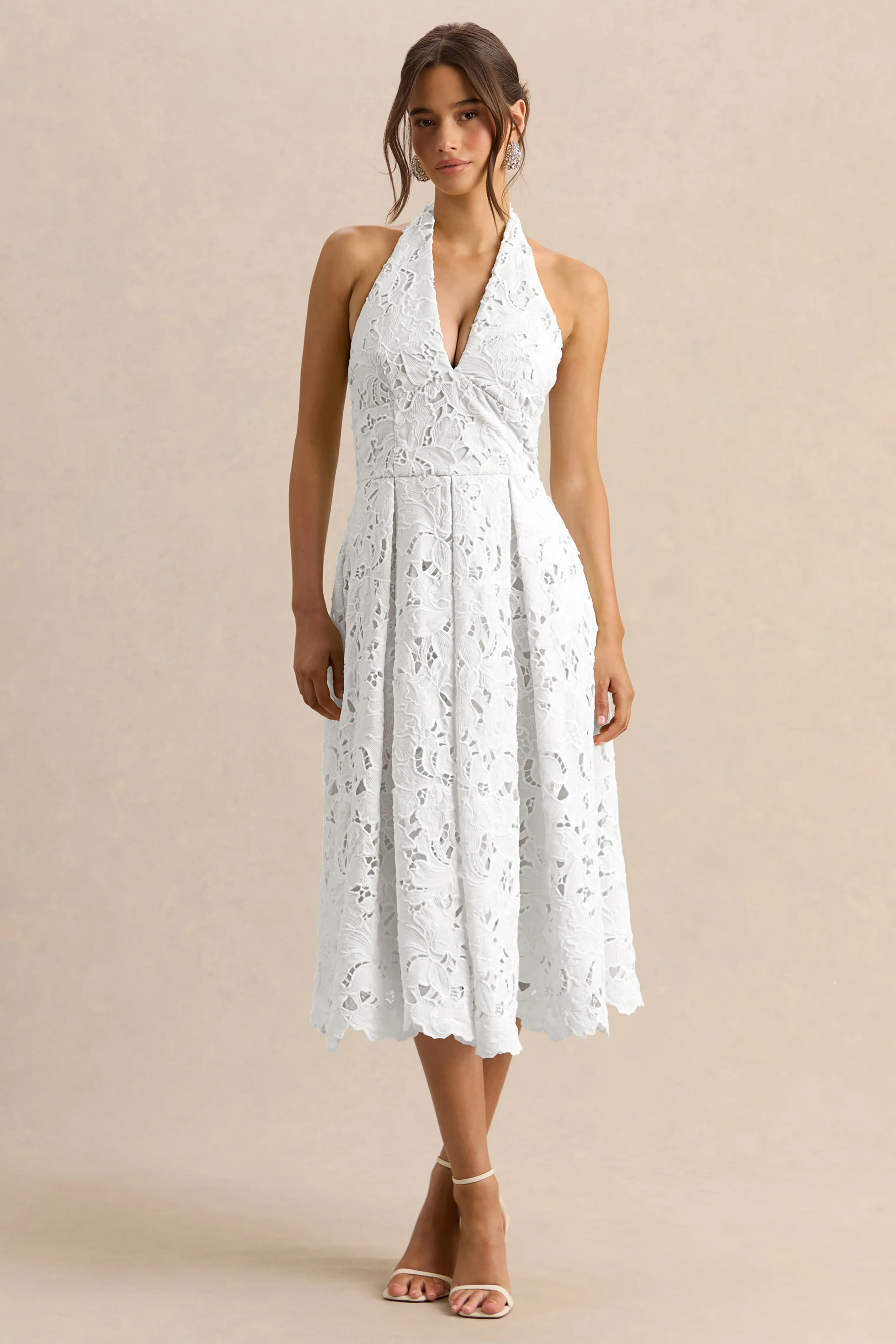 Maribel | White Lace Plunge-Neck Midi Dress - Image 5