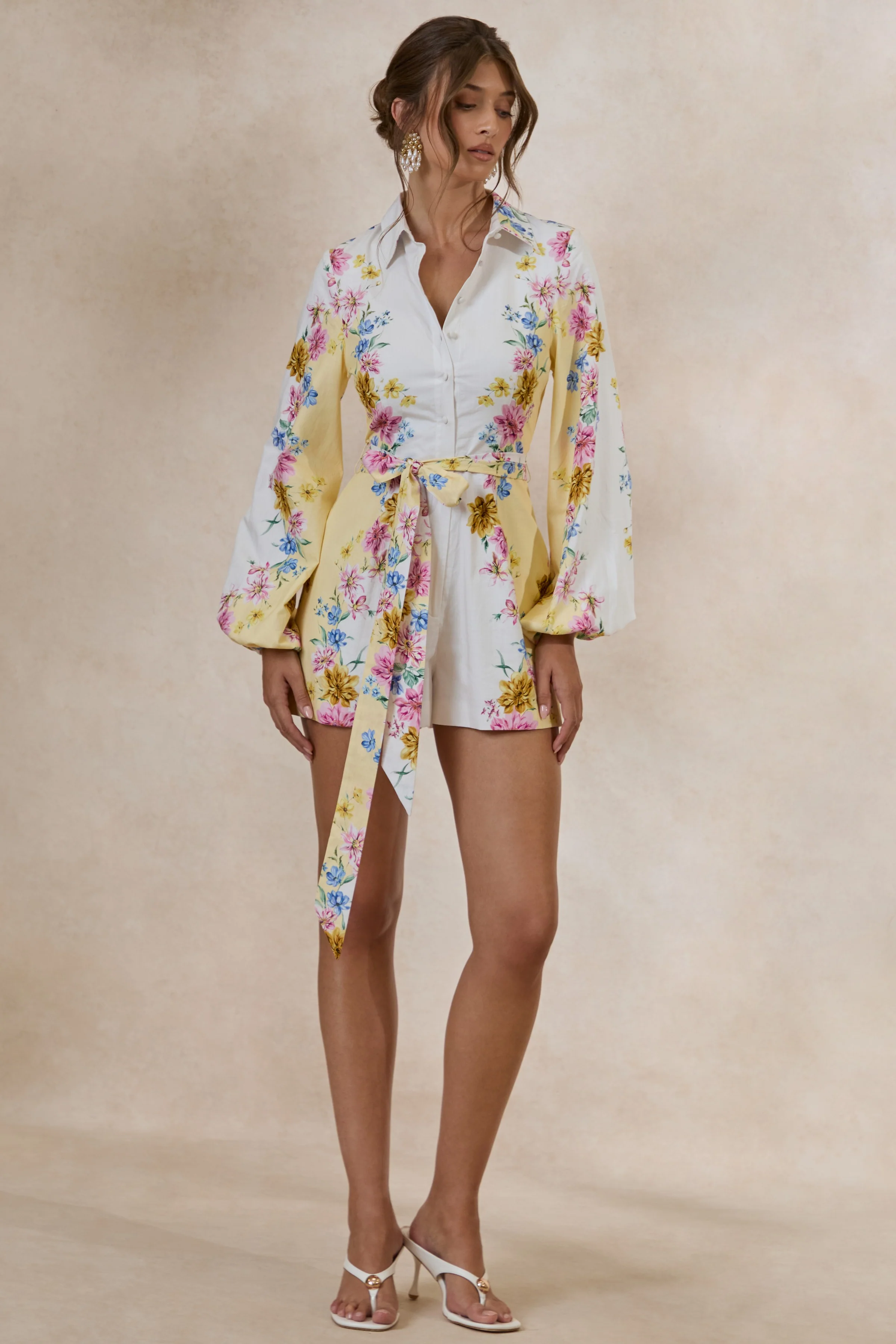 Mariposa | Lemon Floral Round-Neck Tailored Romper - Image 4