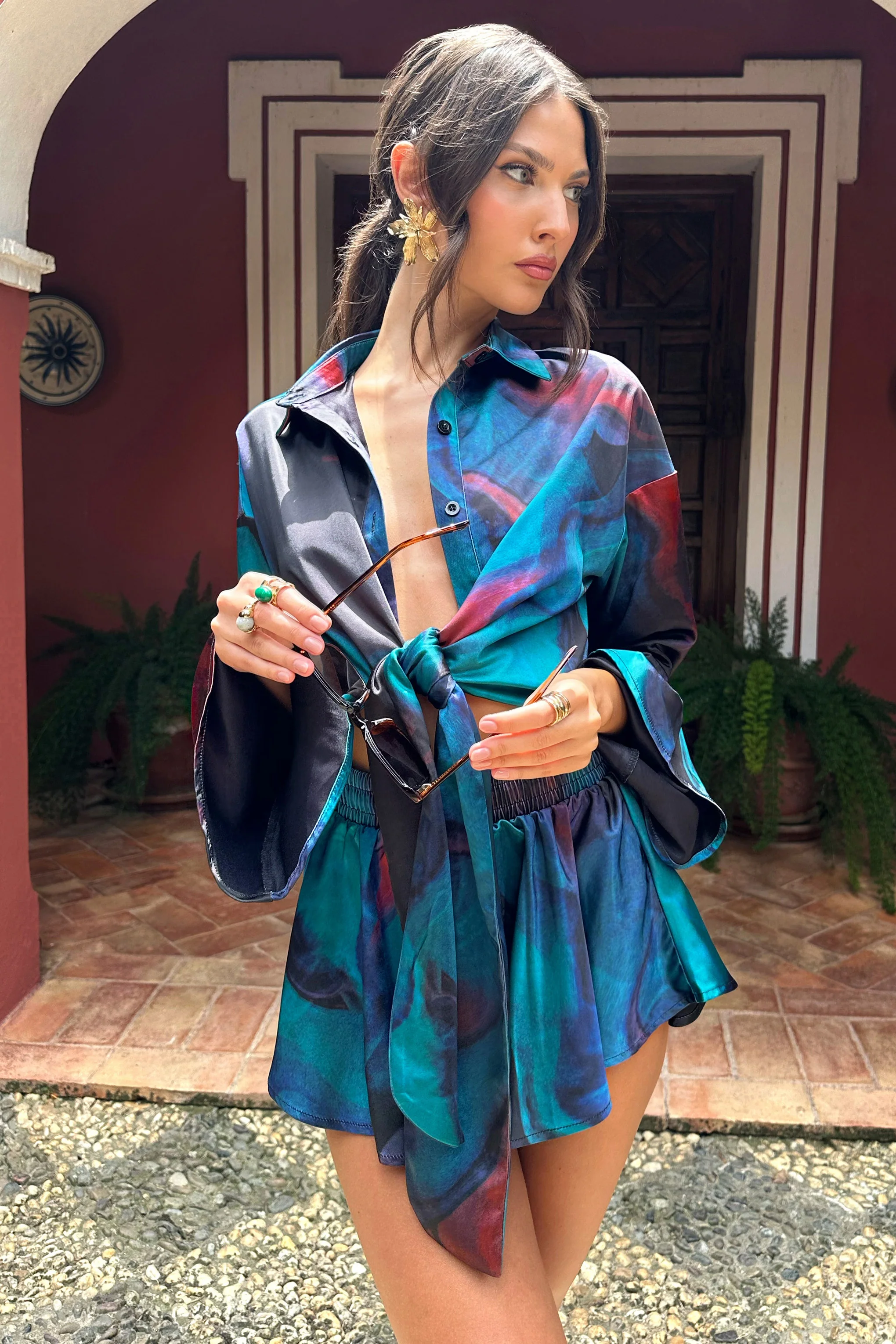 Marisela | Blue Print Satin Flared Sleeve Cropped Shirt - Image 2