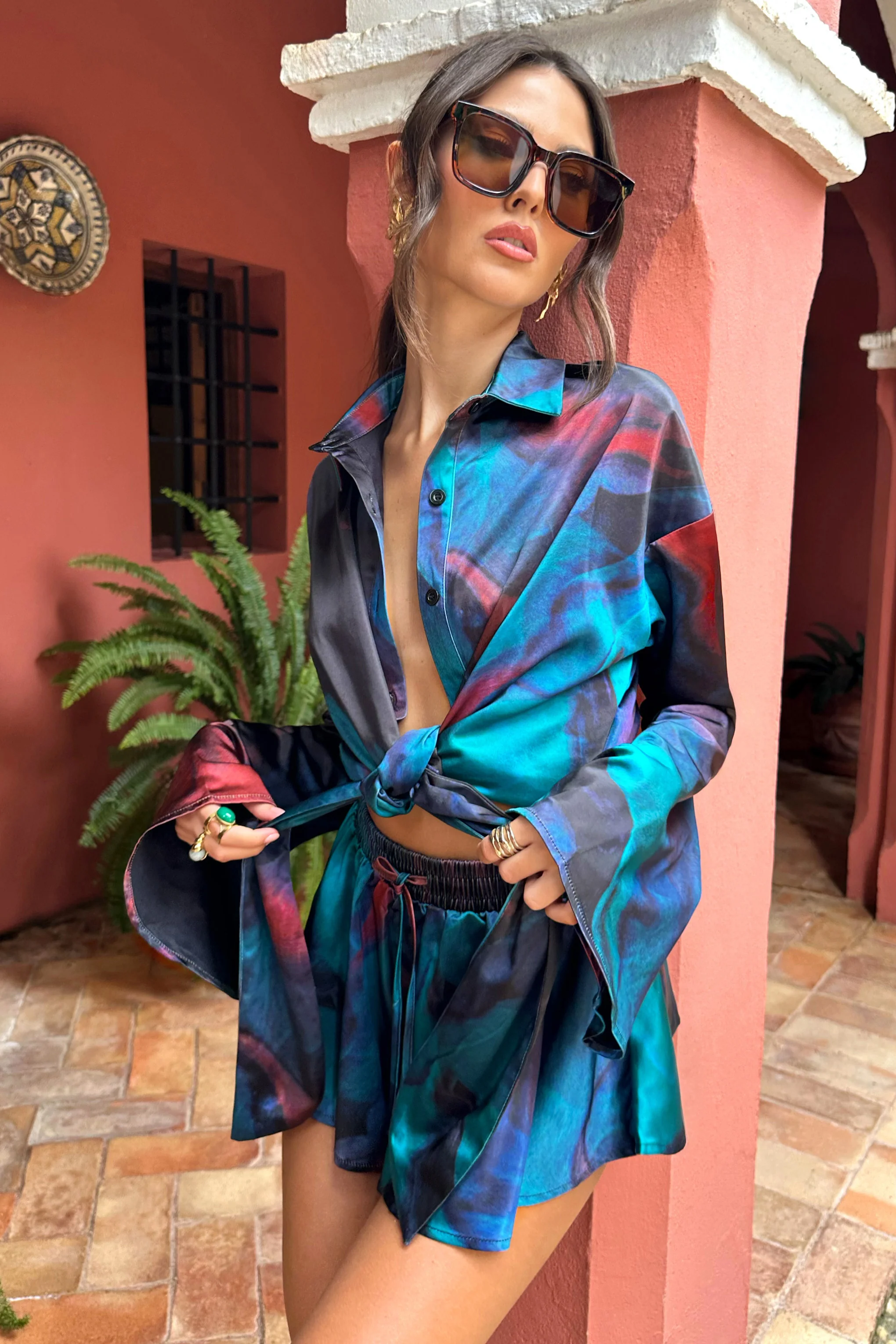 Marisela | Blue Print Satin Flared Sleeve Cropped Shirt - Image 3