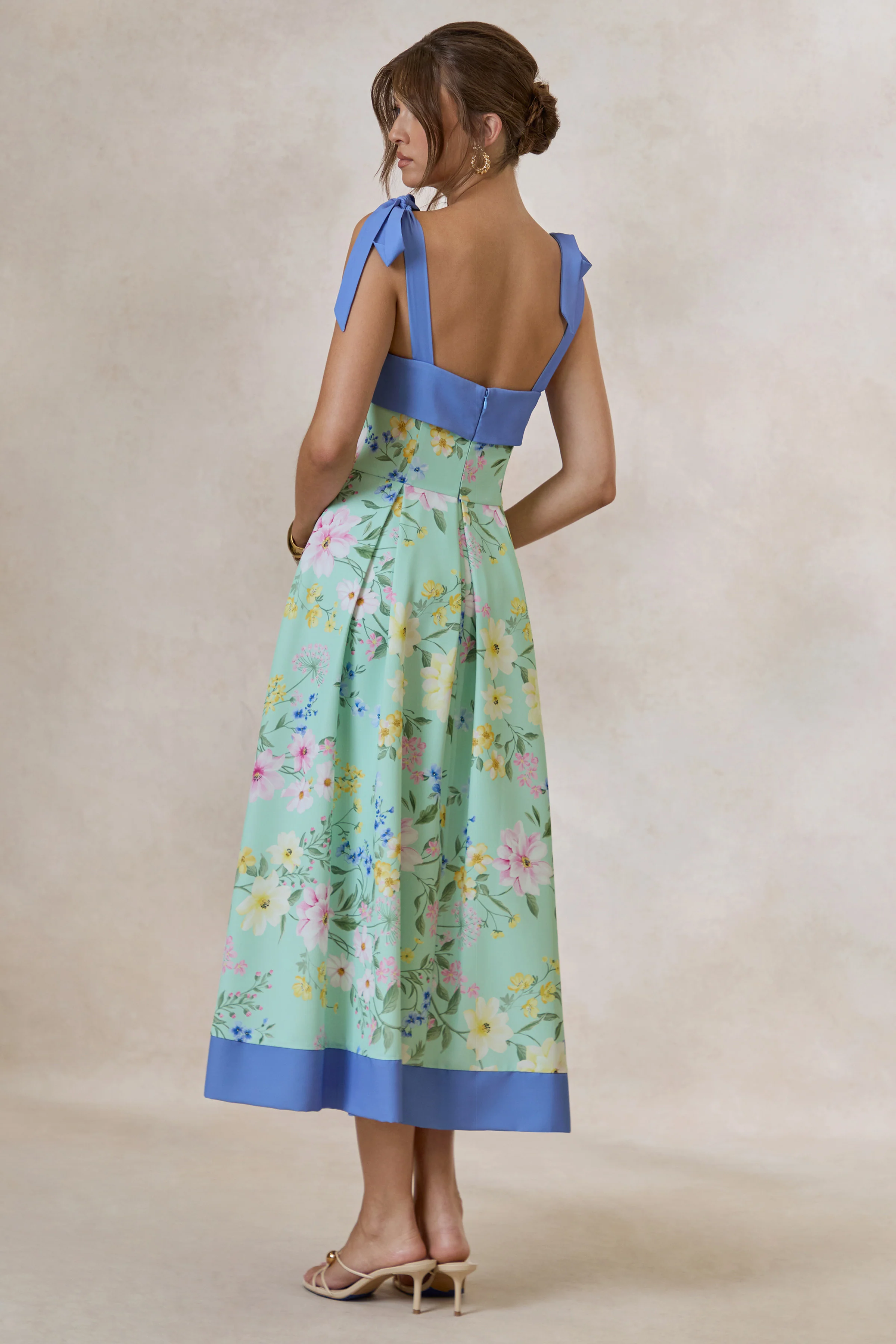 Marlisa | Mint Floral Print Square-Neck Midi Dress With Bow Straps - Image 2