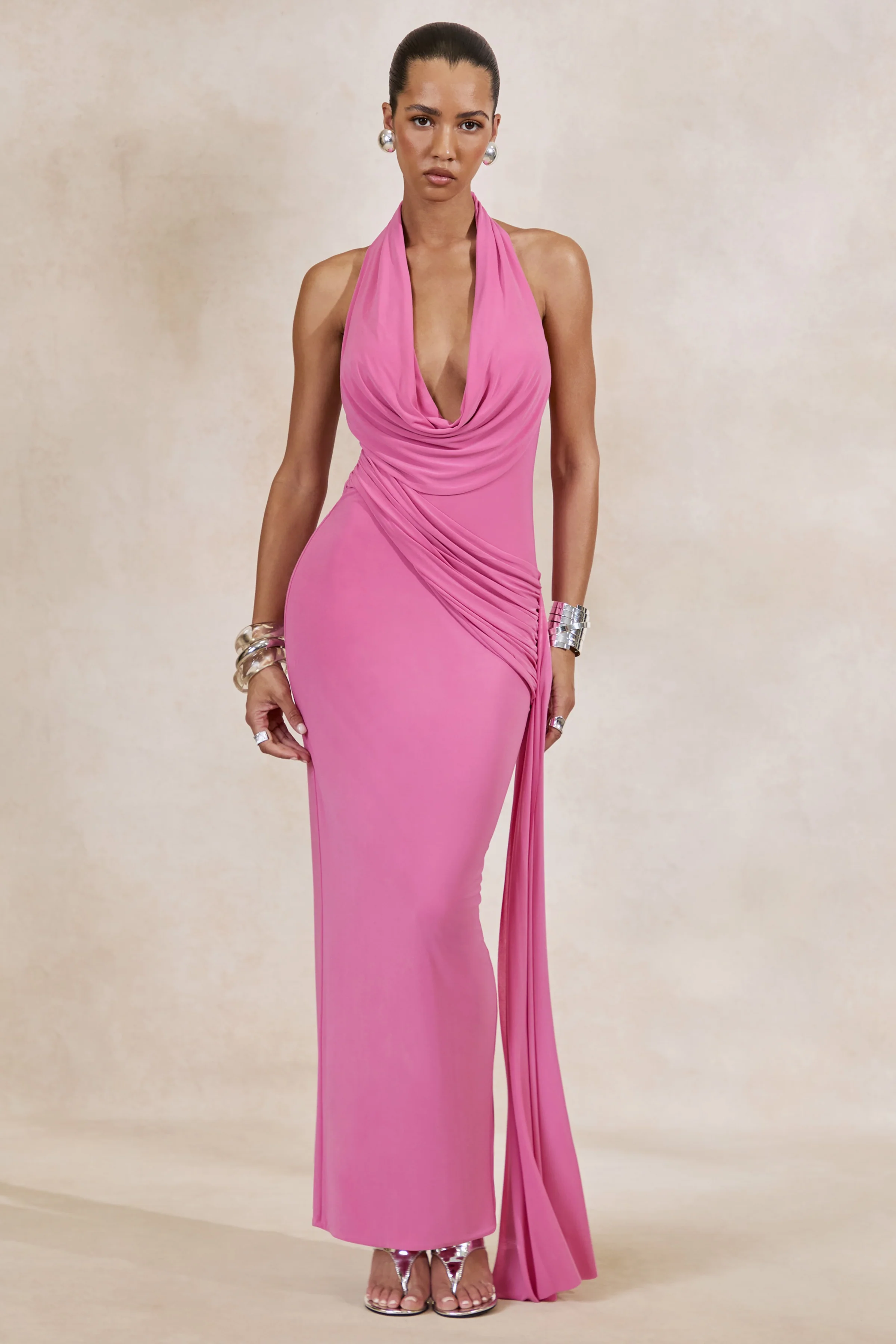 Maude | Pink Plunge-Neck Ruched Maxi Dress With Sash