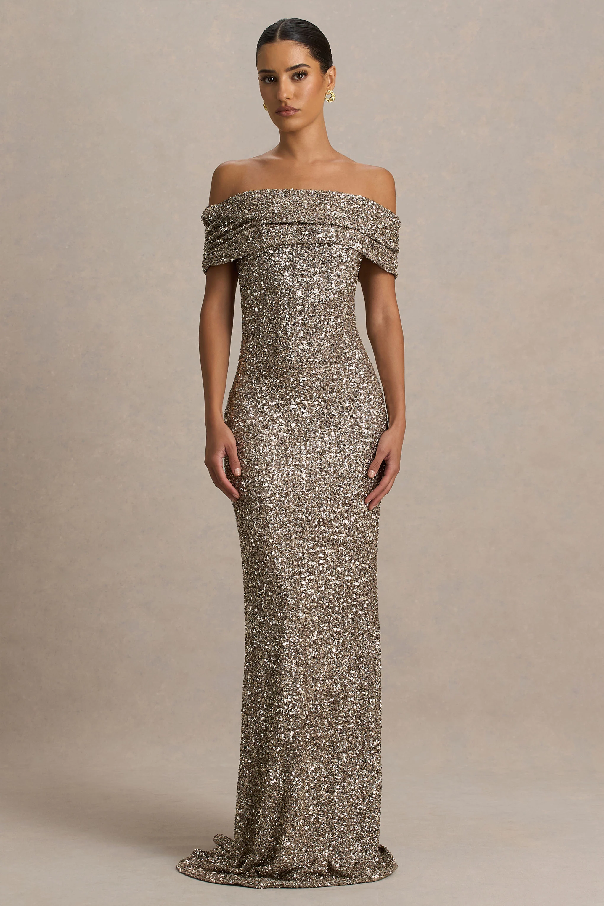 Melina | Champagne Sequin Bardot-Neck Maxi Dress - Image 4