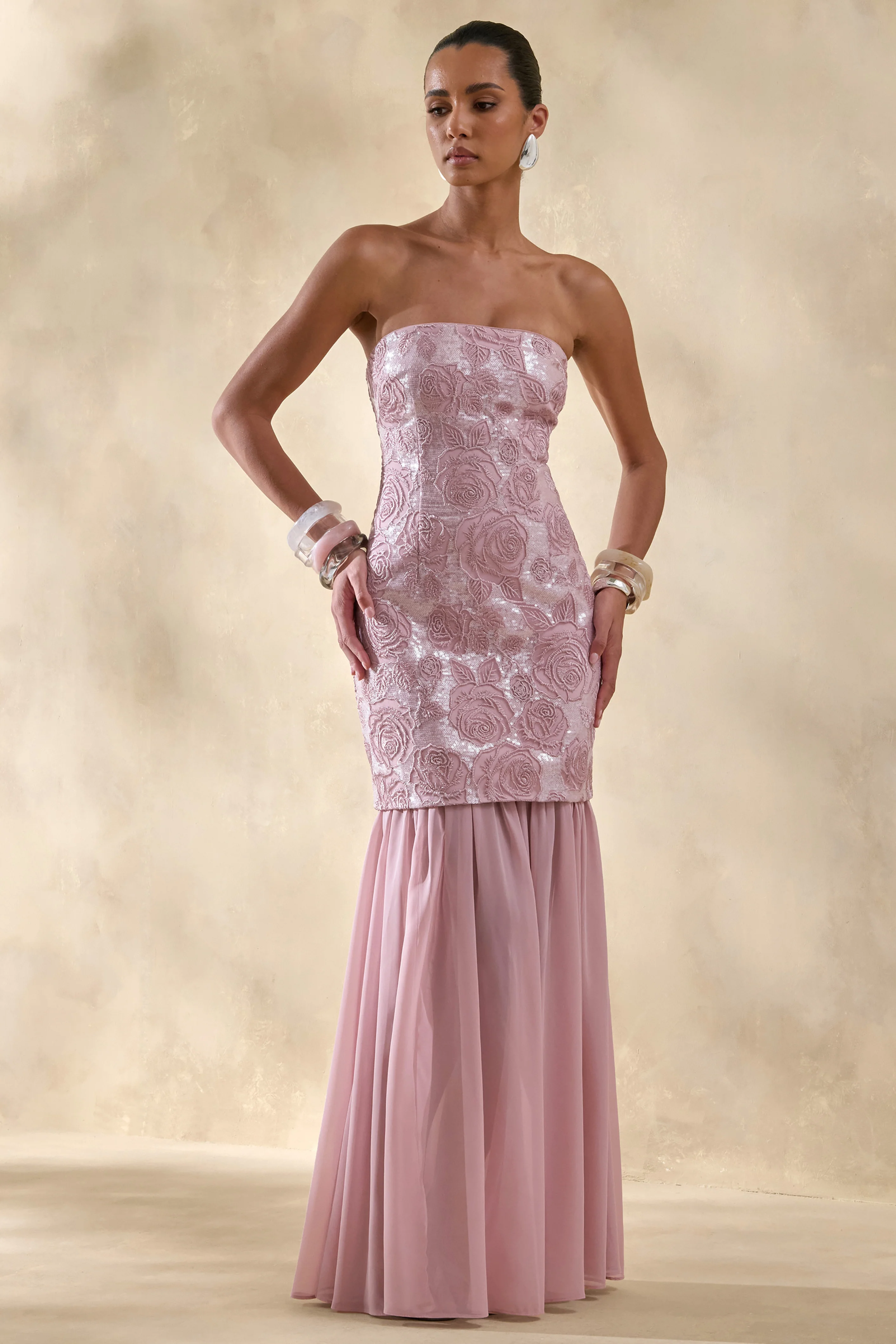 Meraly | Pink Sequin Bandeau Maxi Dress With Scarf-Detail - Image 6