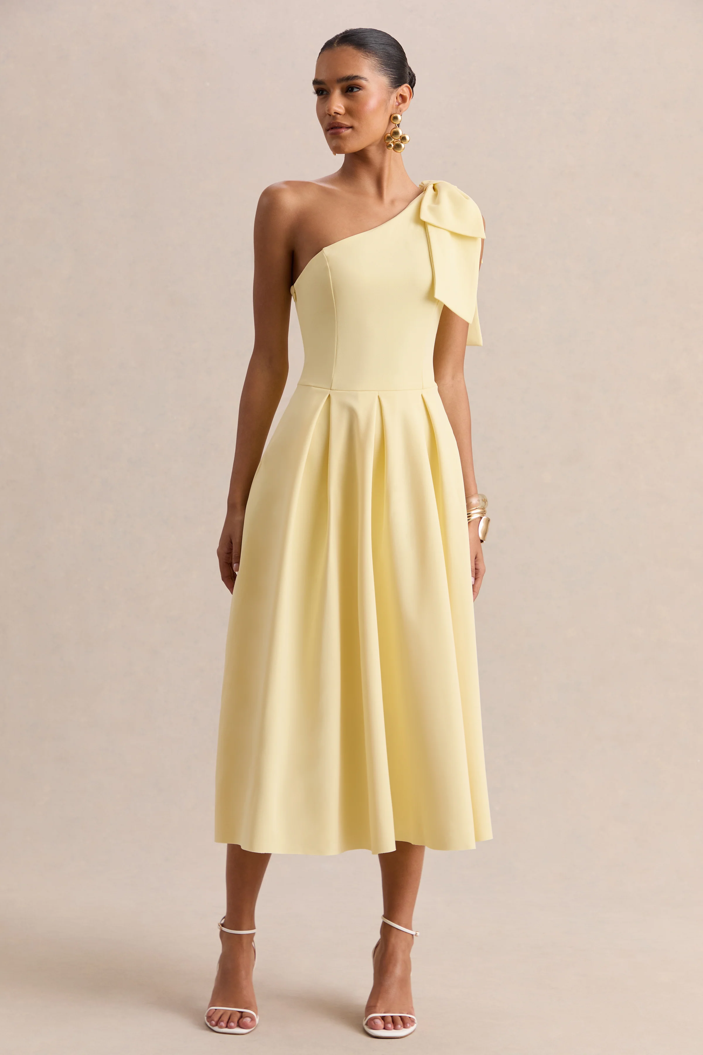 Meria | Lemon Asymmetric-Neck Midi Dress With Bow-Sleeve - Image 4