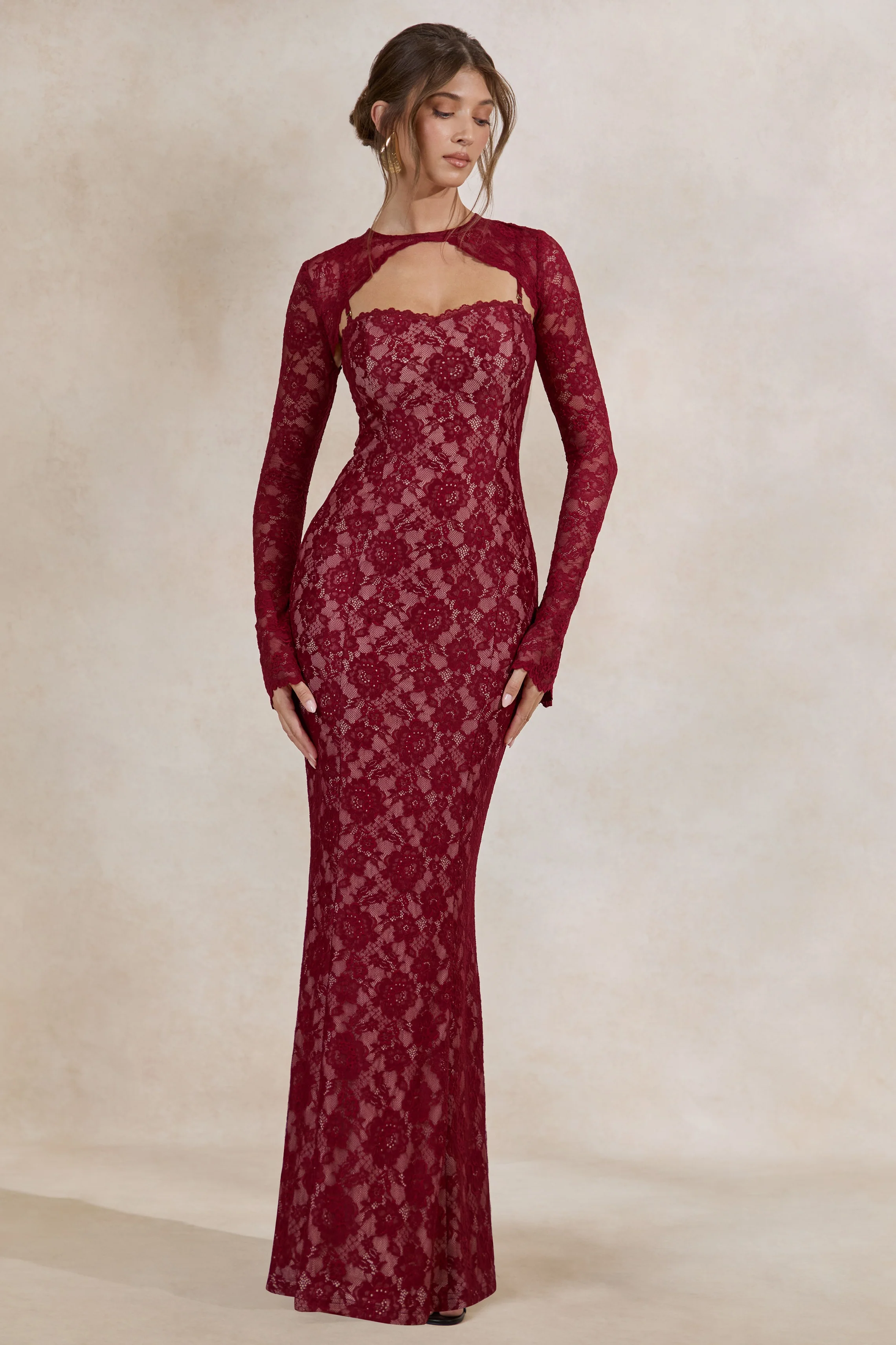 Mirellia | Dark Red Lace Sweetheart-Neck Maxi Dress