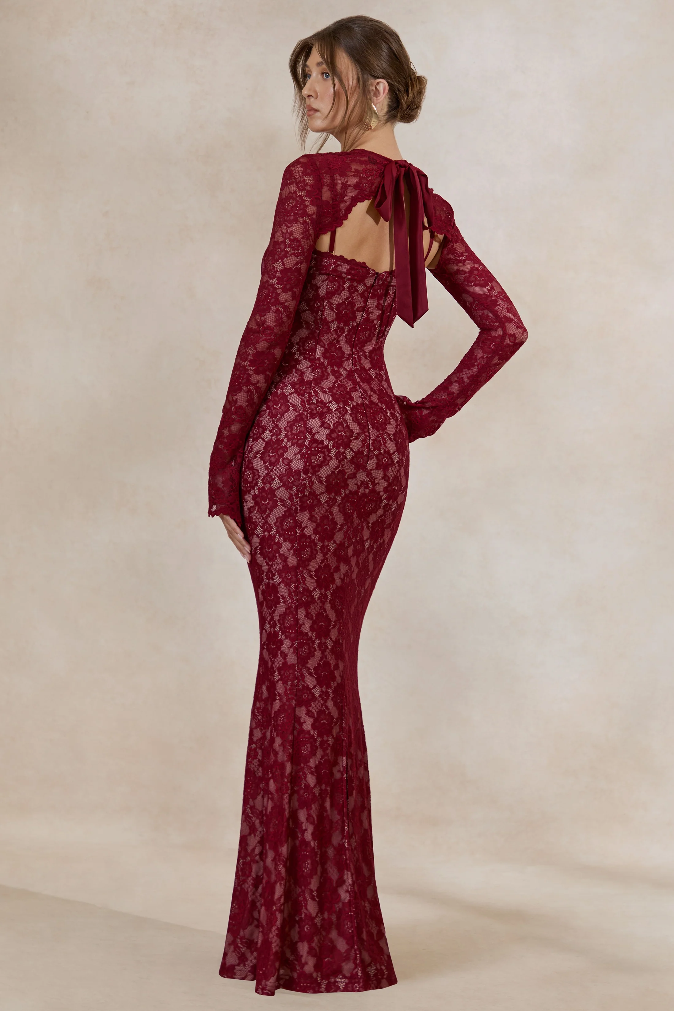 Mirellia | Dark Red Lace Sweetheart-Neck Maxi Dress - Image 3