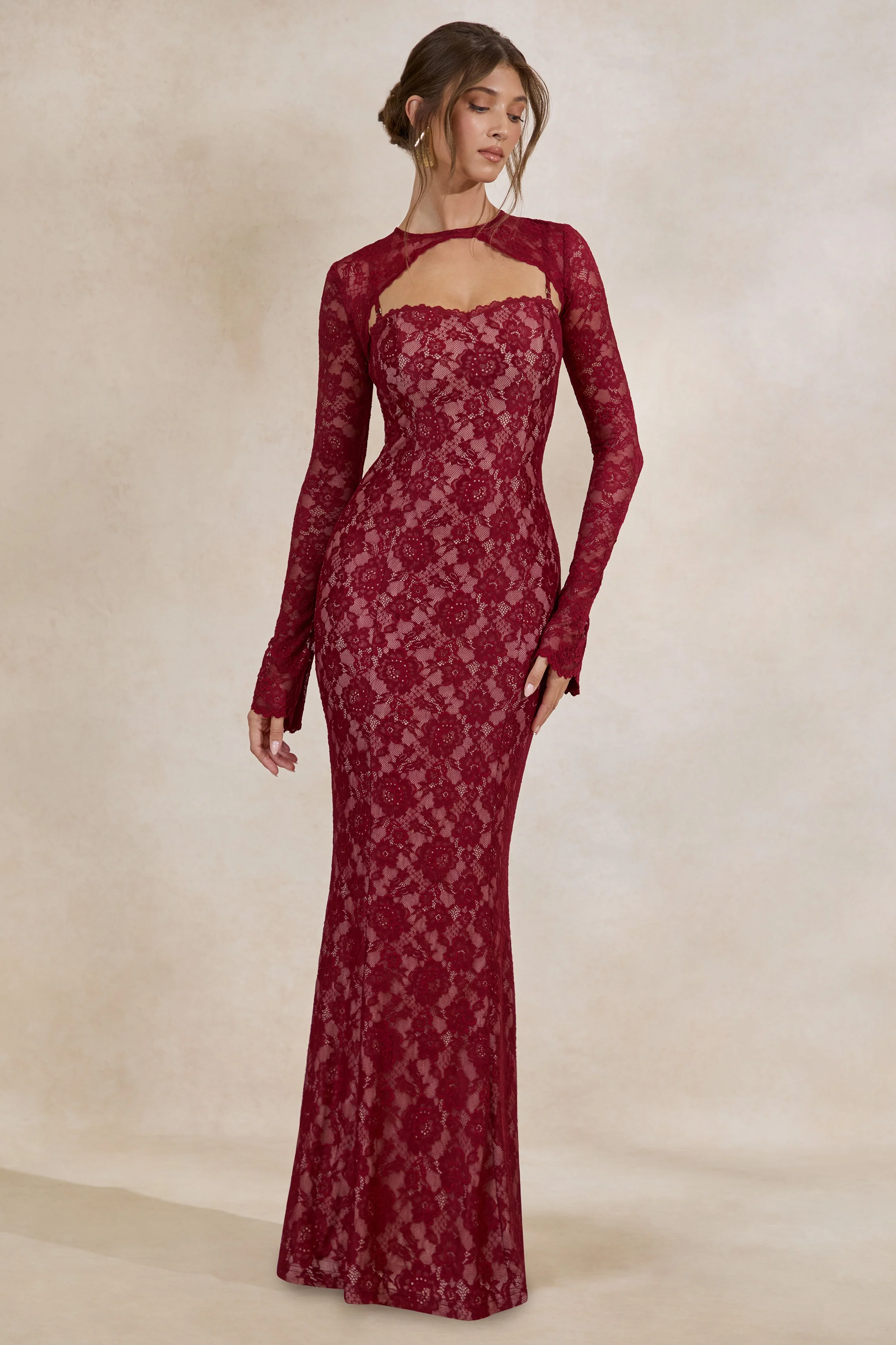 Mirellia | Dark Red Lace Sweetheart-Neck Maxi Dress - Image 5