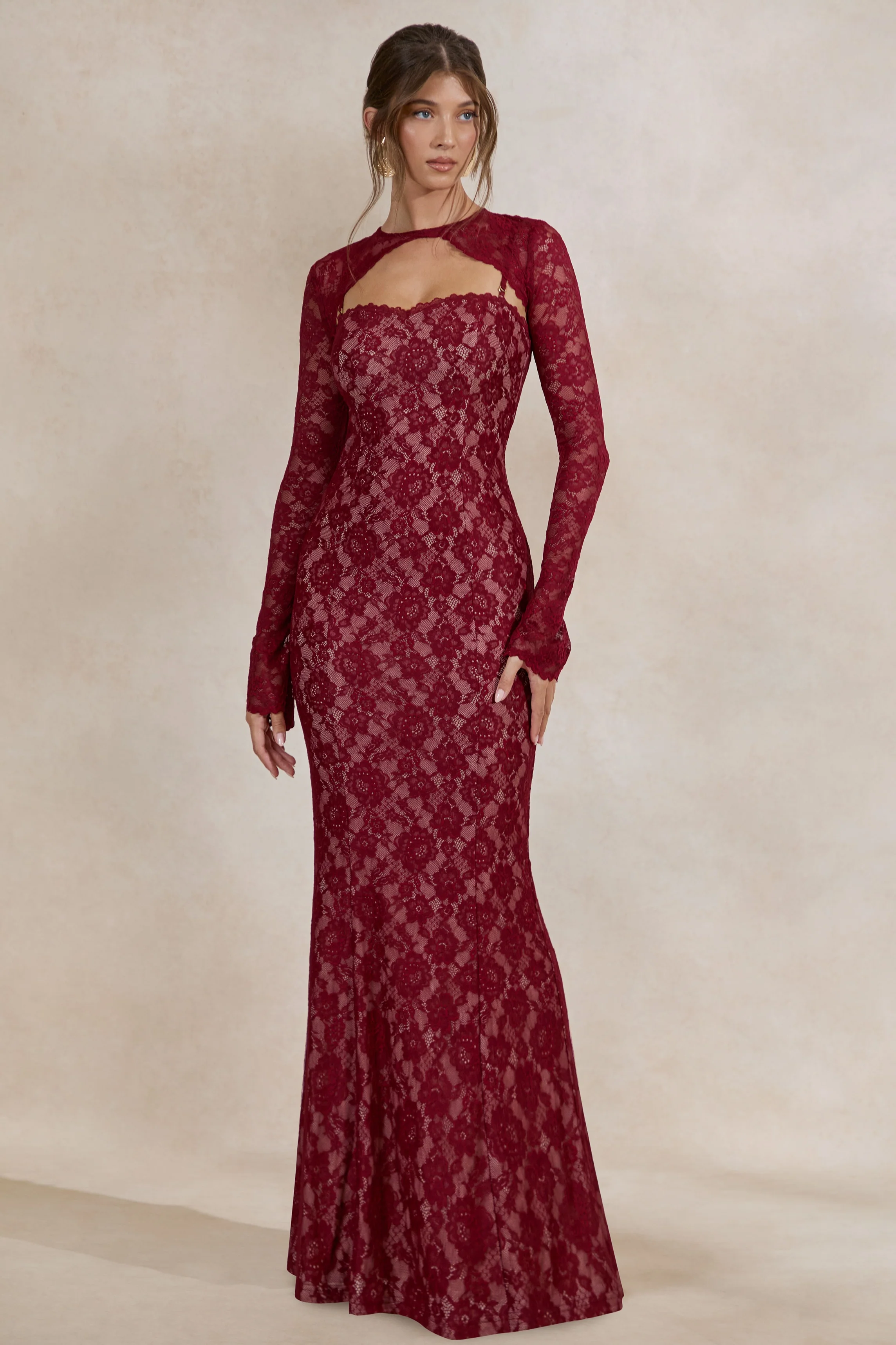 Mirellia | Dark Red Lace Sweetheart-Neck Maxi Dress - Image 6