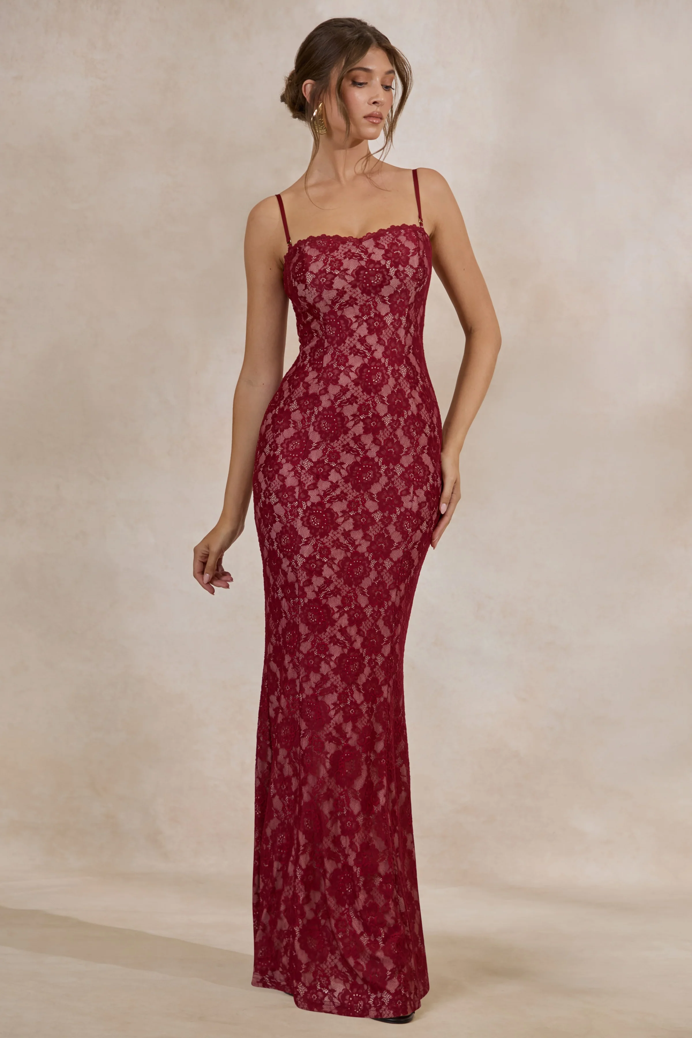 Mirellia | Dark Red Lace Sweetheart-Neck Maxi Dress - Image 7