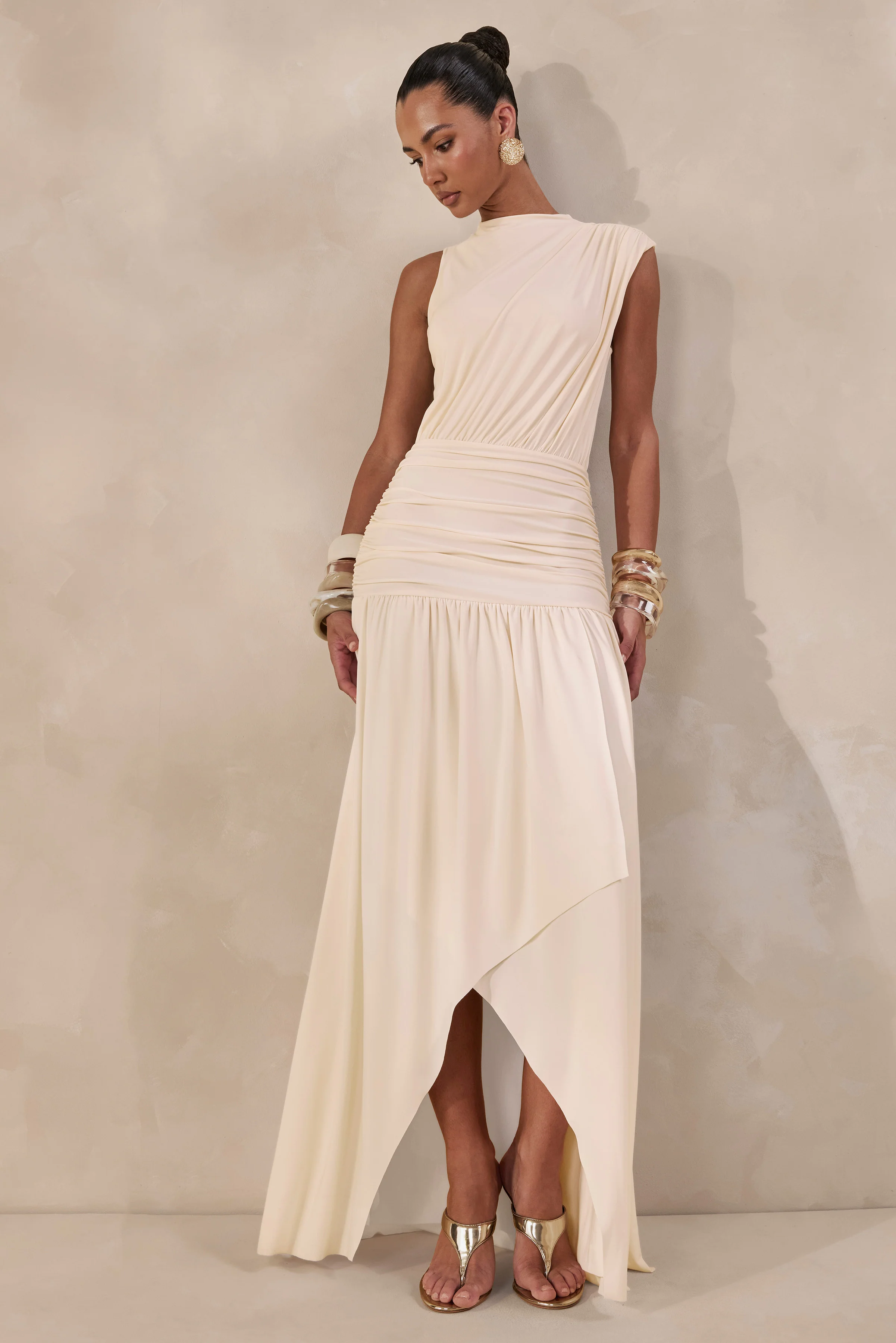 Myssara | Cream High-Neck Maxi Dress Gathered-Detailing - Image 2