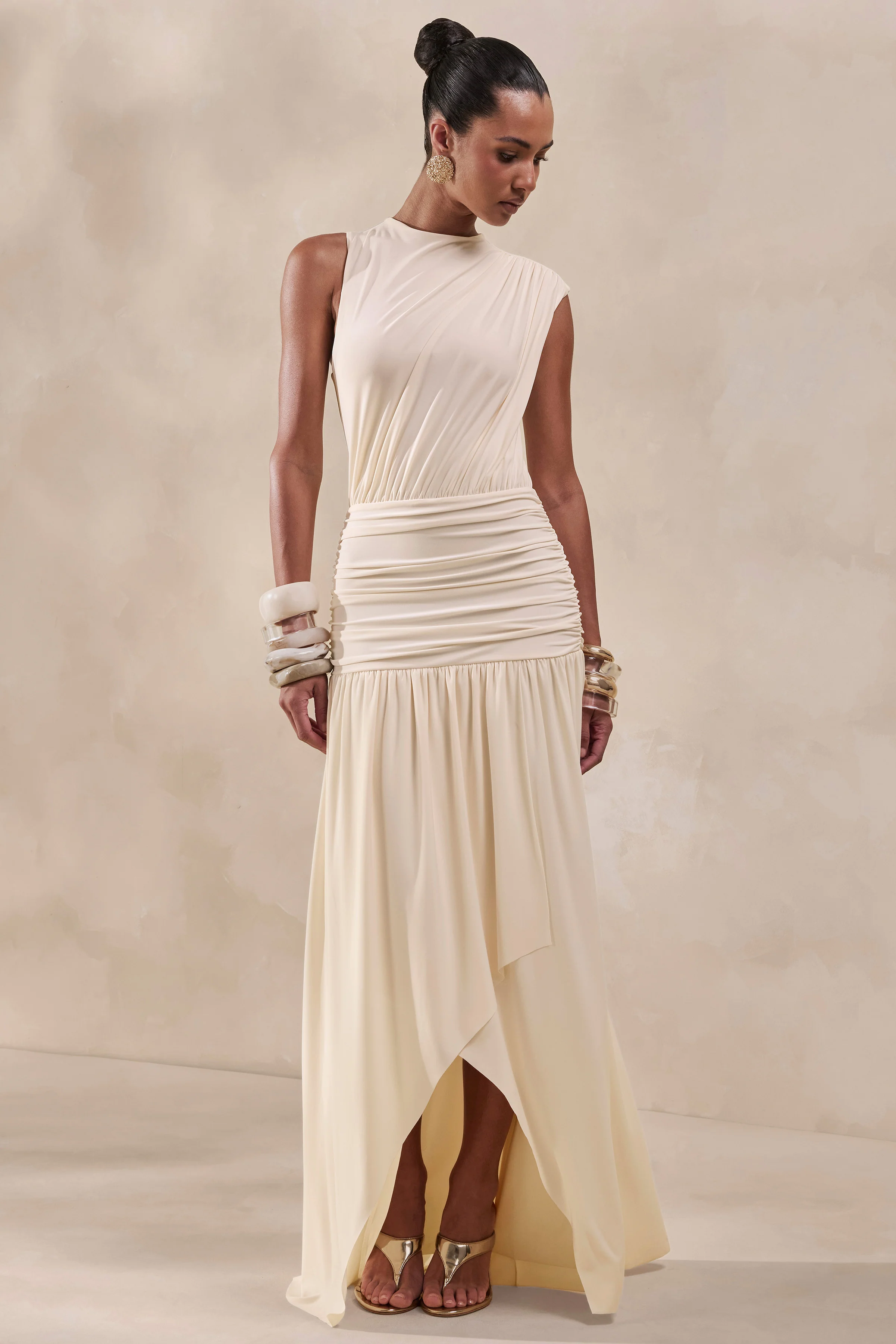 Myssara | Cream High-Neck Maxi Dress Gathered-Detailing - Image 6