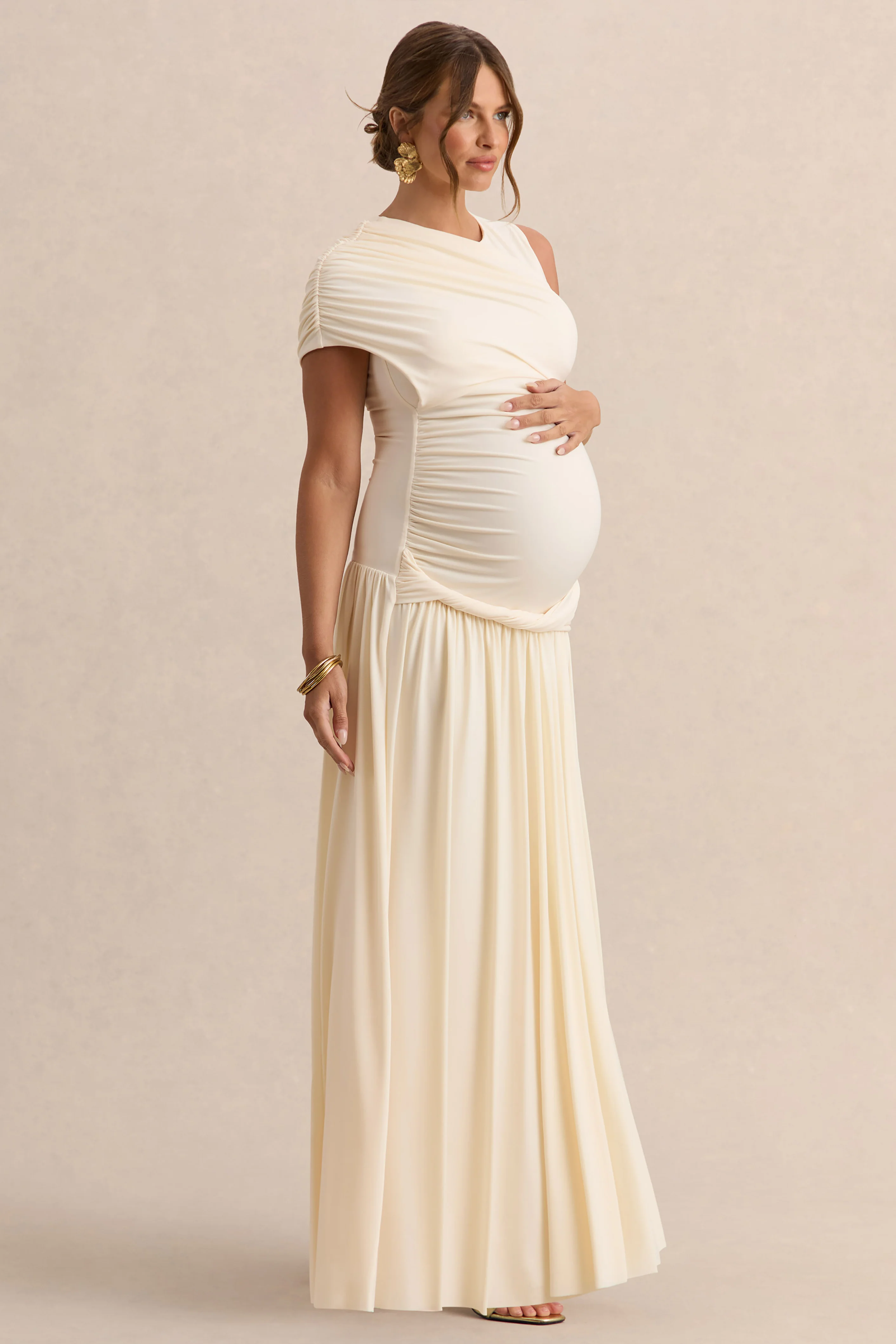 Naida | Cream Round-Neck Maternity Maxi Dress With Draped Detailing - Image 4