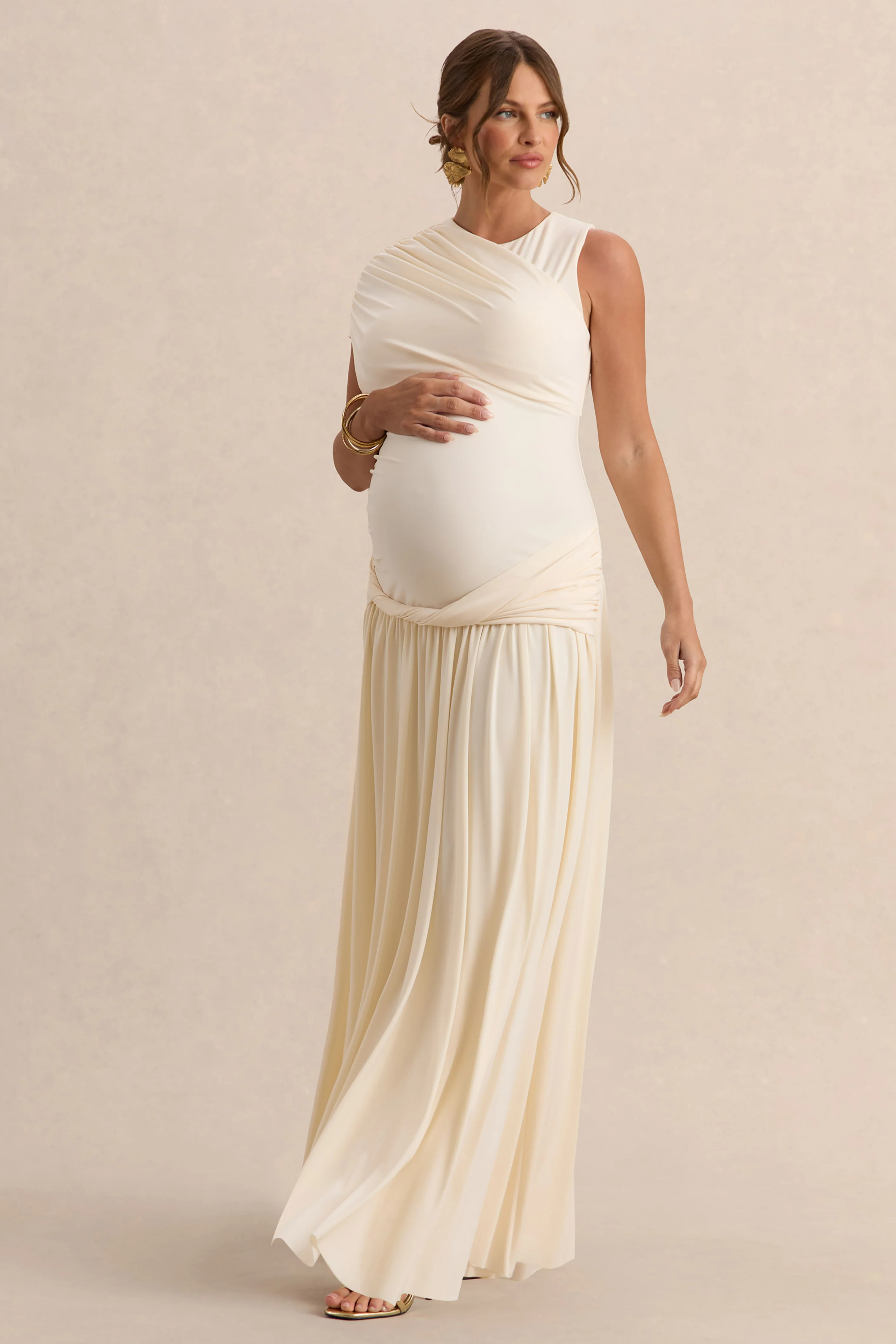 Naida | Cream Round-Neck Maternity Maxi Dress With Draped Detailing - Image 5