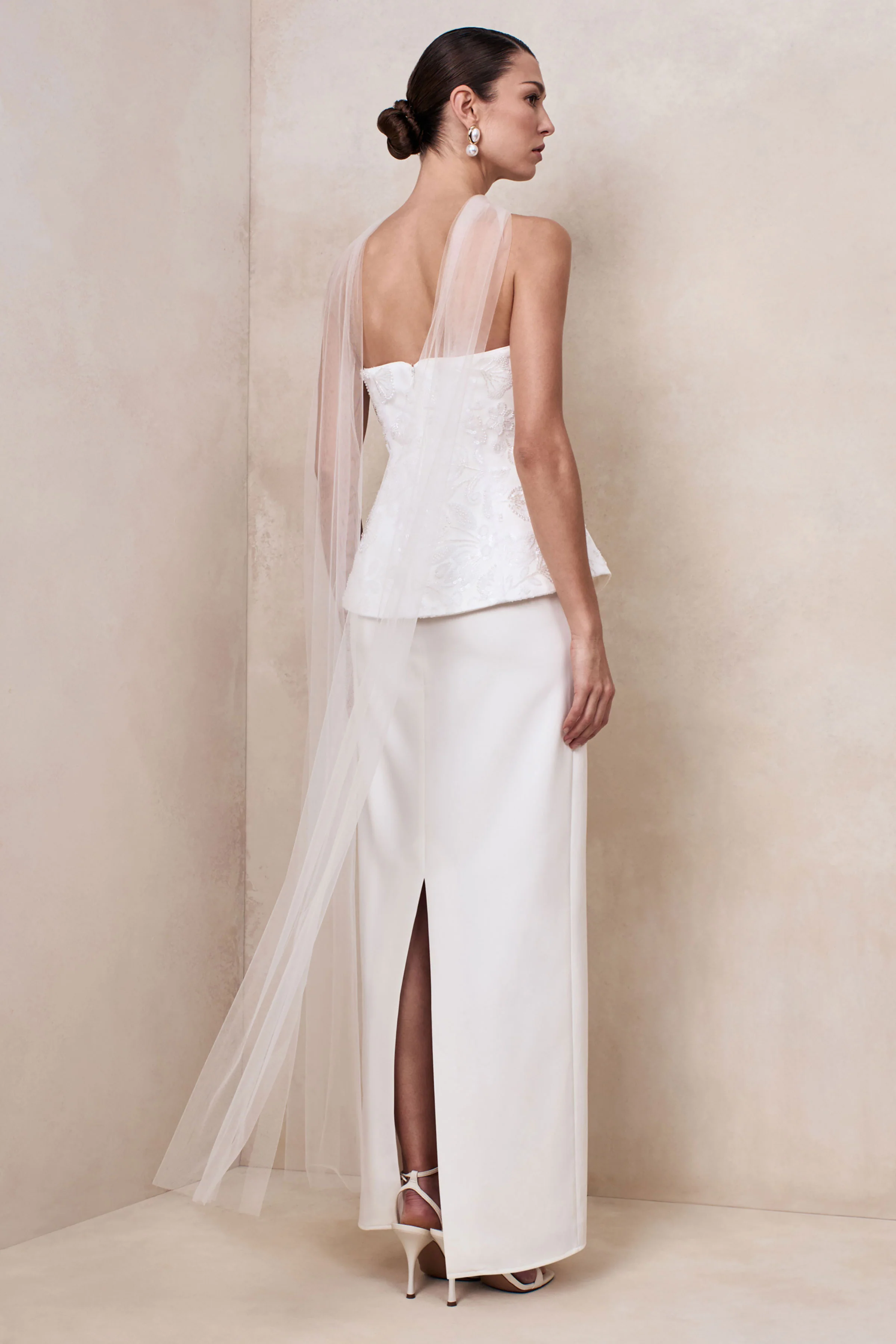 Naira | White Satin Bandeau Corset Maxi Dress With Sheer Scarf - Image 2