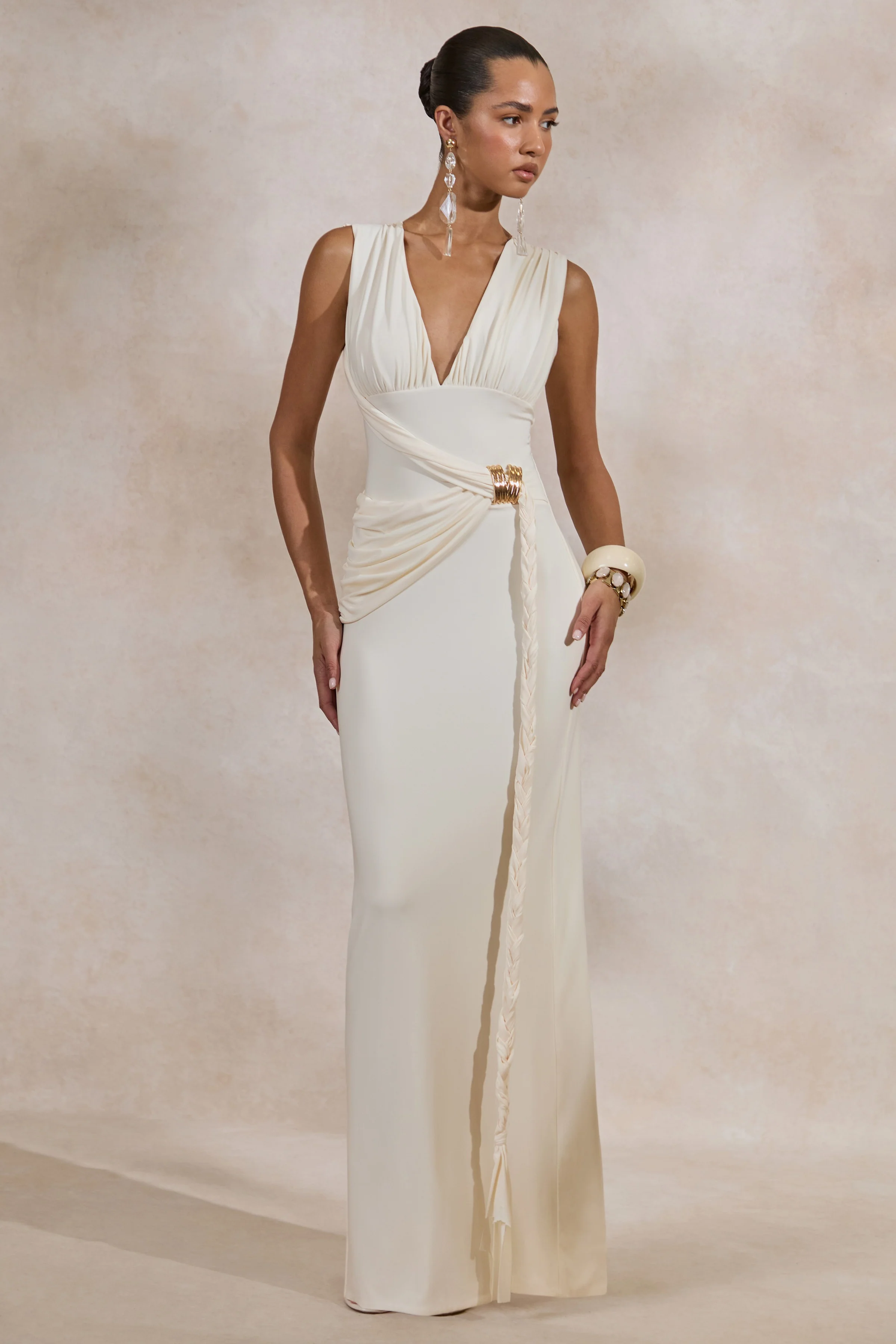 Nalina | Cream Plunge-Neck Maxi Dress With Gathered Detailing And Gold Detail - Image 2