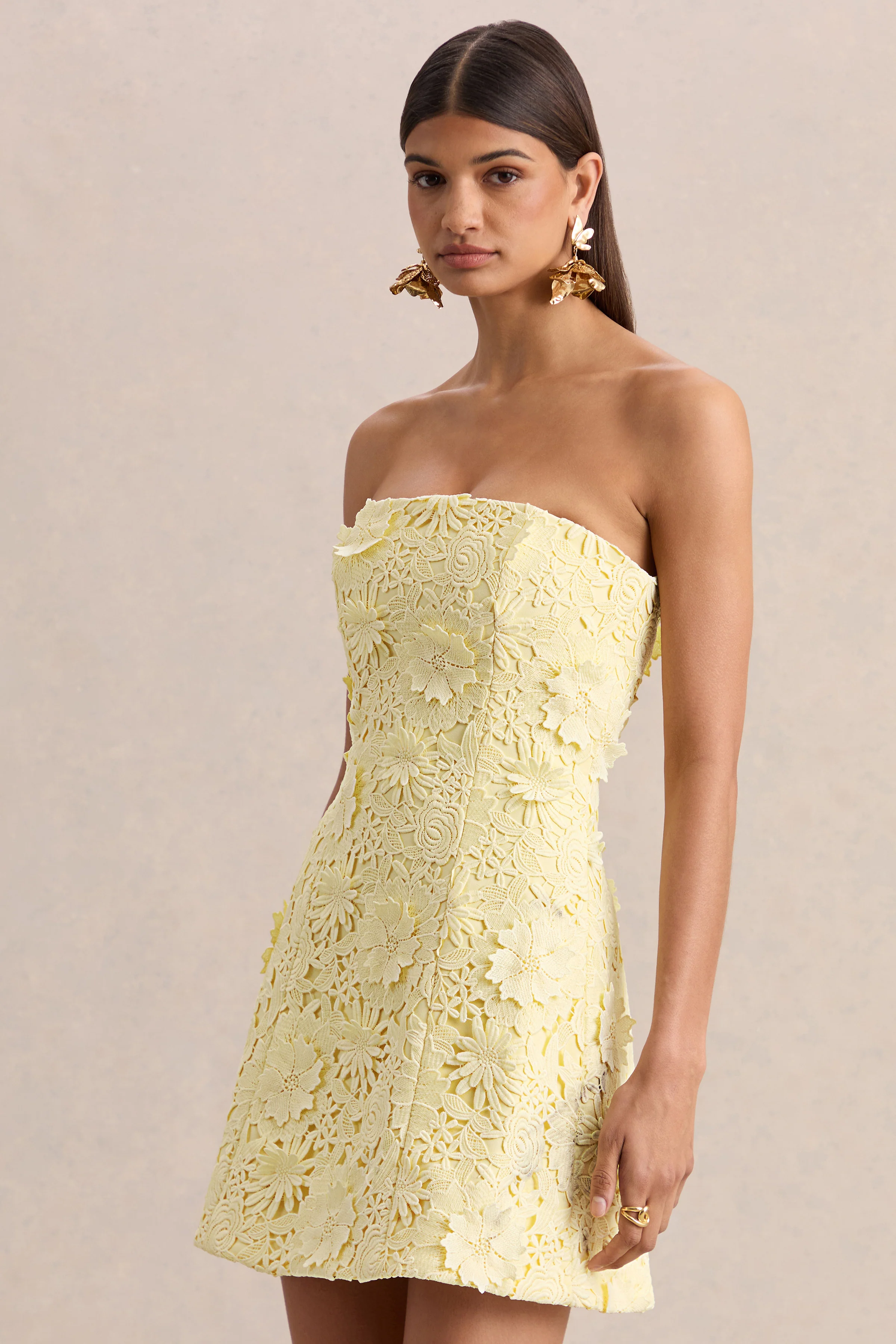 Natalie | Lemon Lace Bandeau Mini Dress - Image 3