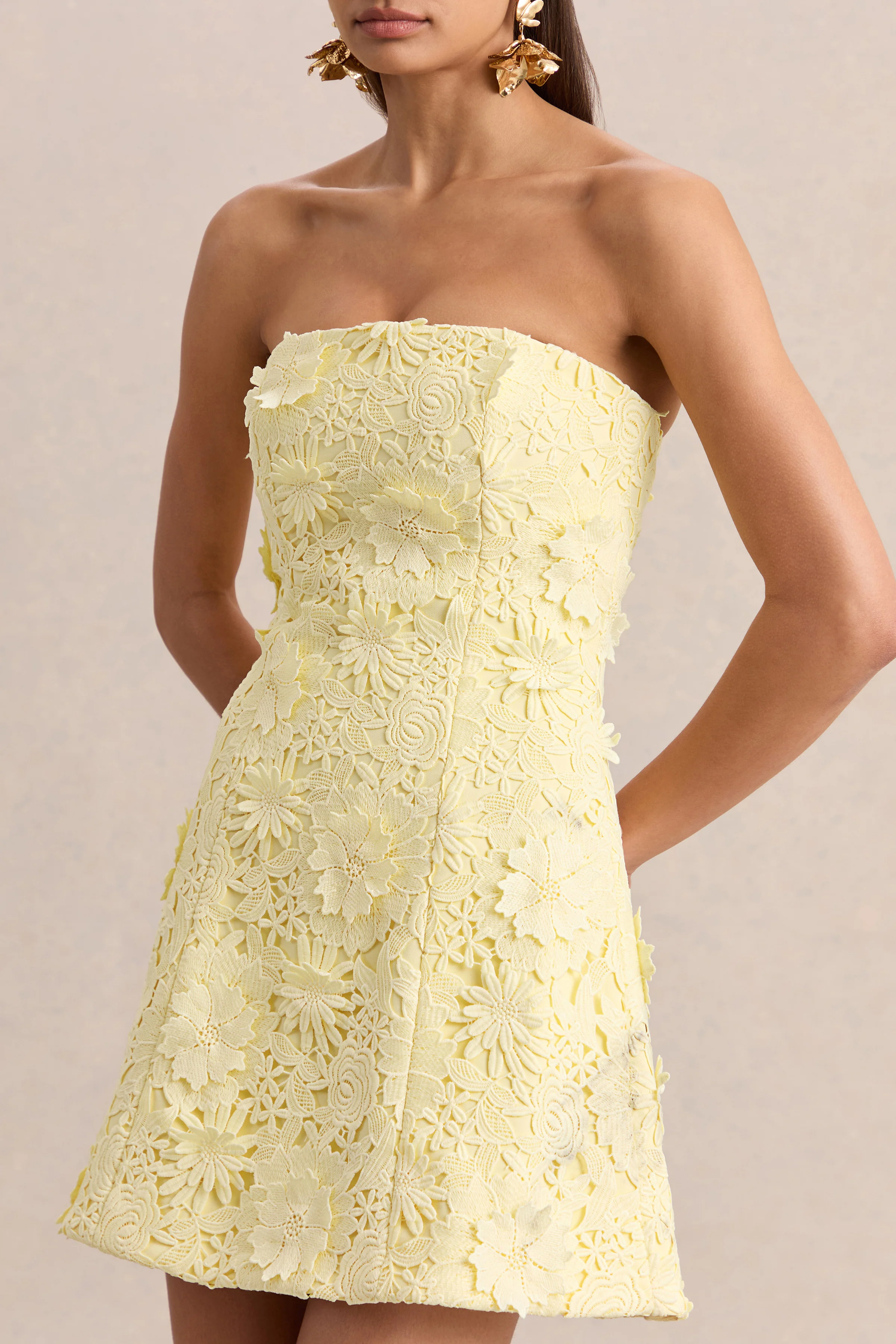 Natalie | Lemon Lace Bandeau Mini Dress - Image 7