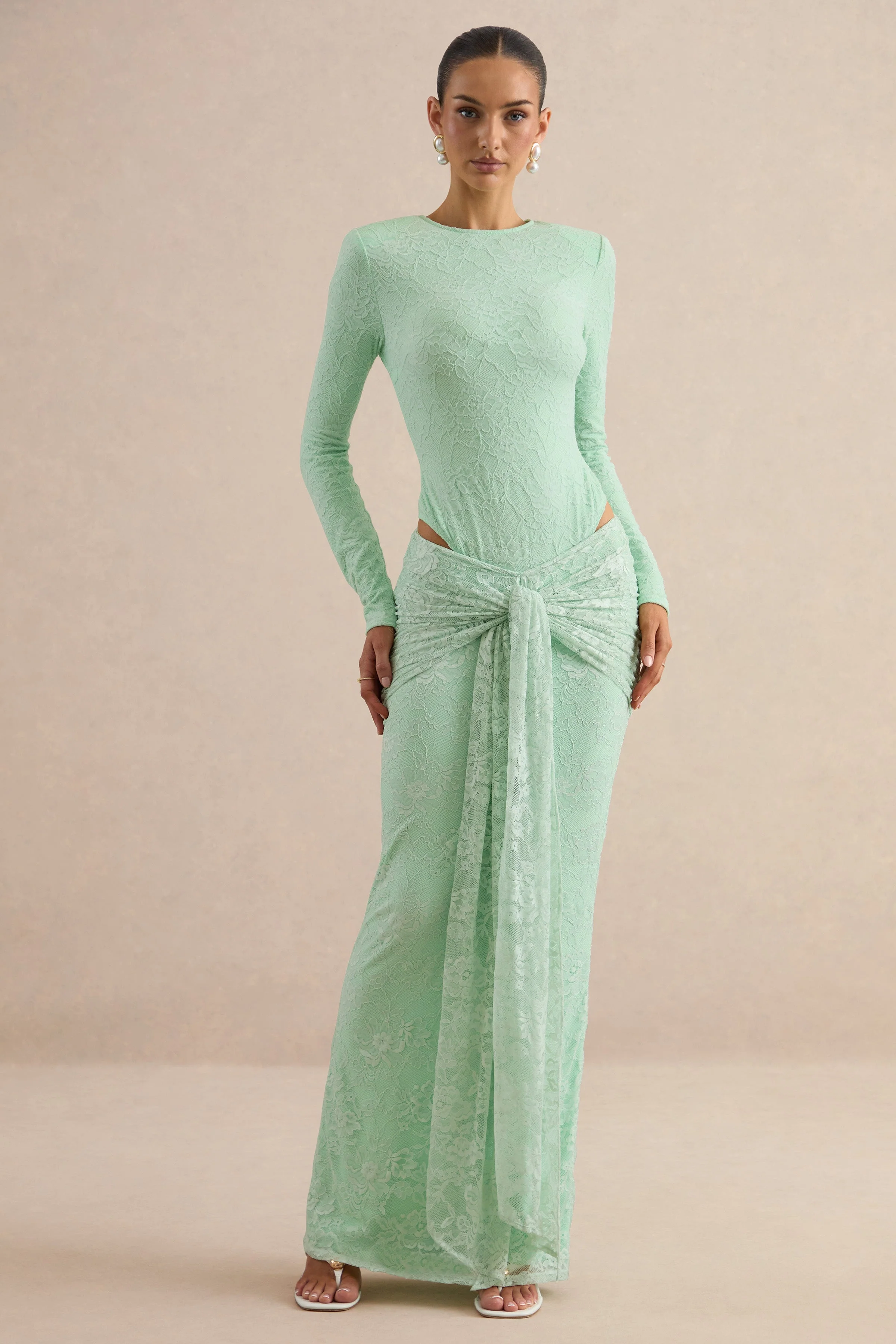 Neriva | Mint Lace Maxi Skirt With Gathered Detailing And Sash - Image 9