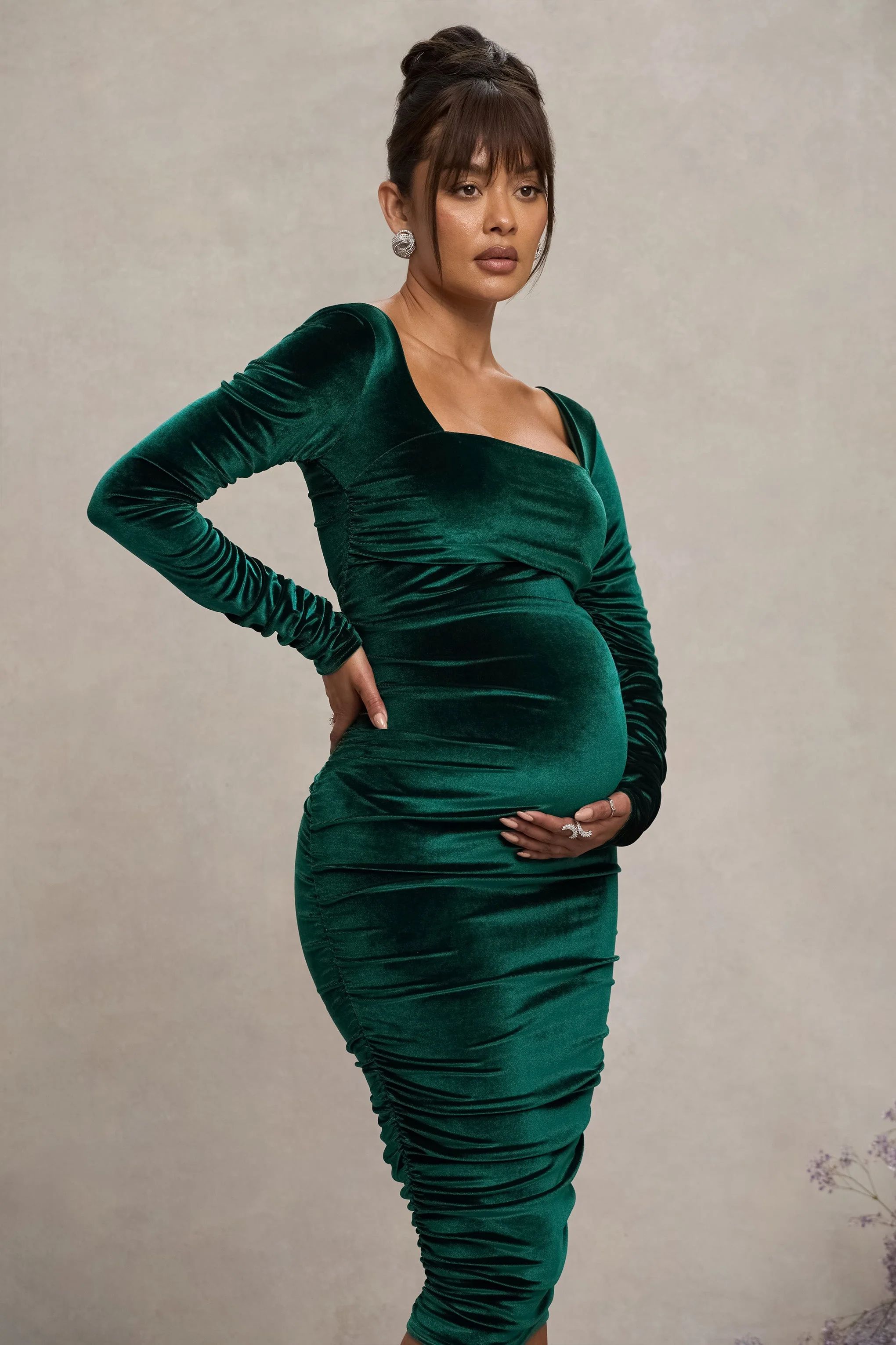 New Life | Bottle Green Velvet Maternity Square Neck Ruched Midi Dress - Image 3
