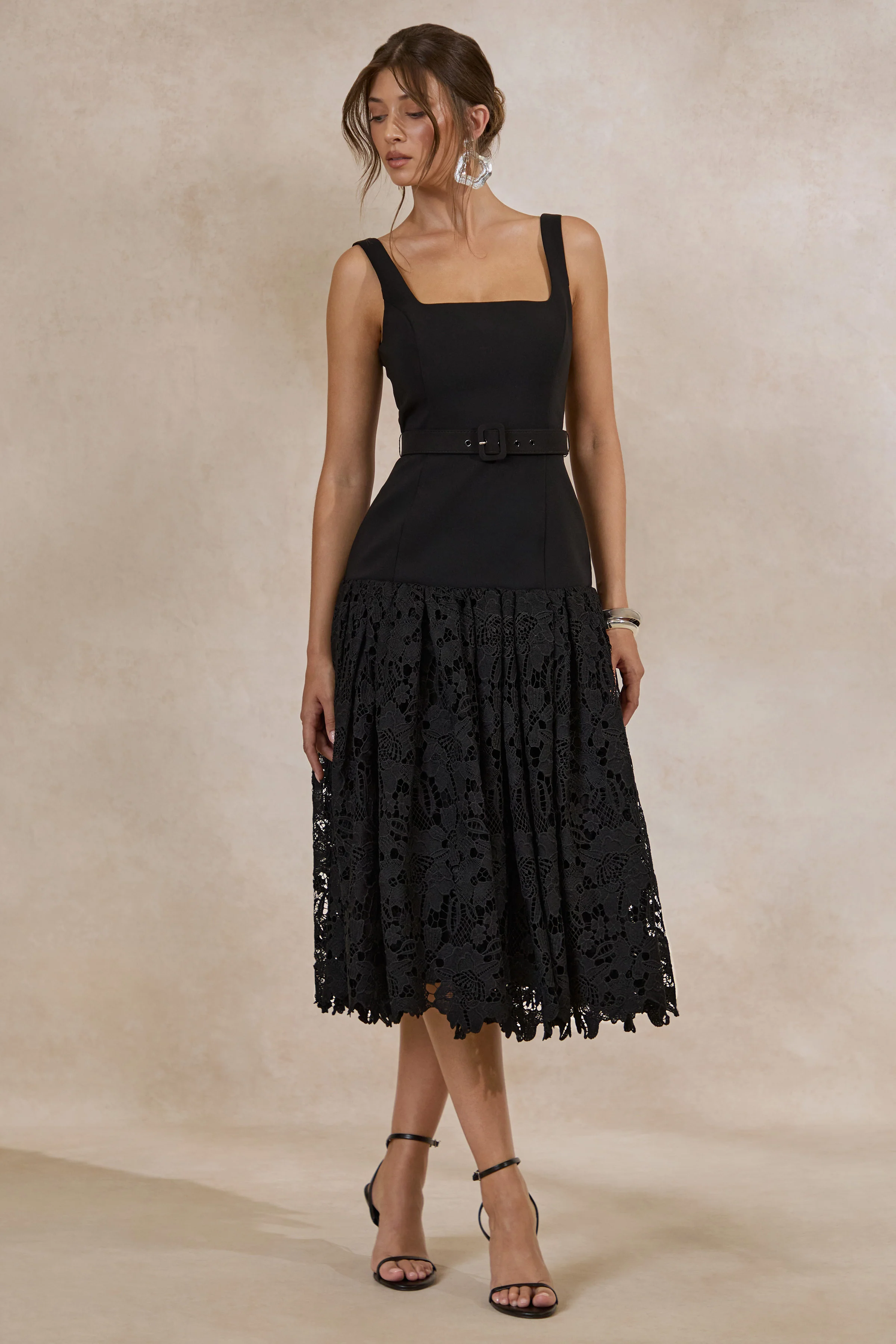 Norrie | Black Square-Neck Midi Dress With Voluminous Lace Skirt - Image 6