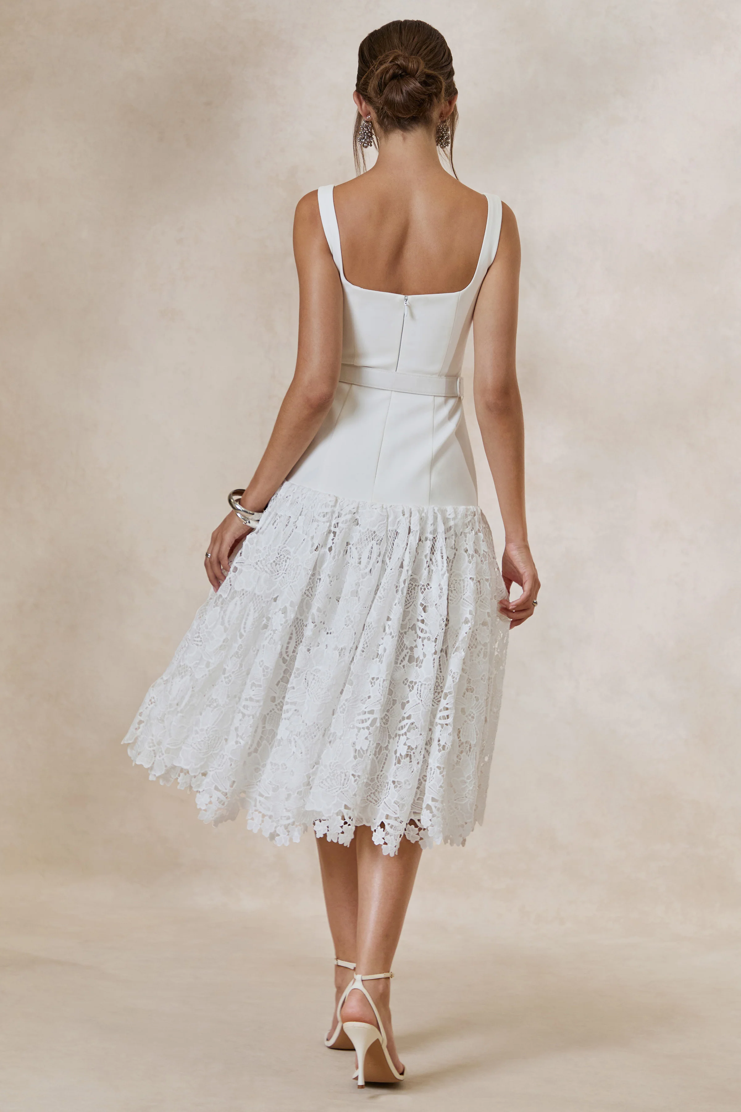 Norrie | White Lace Square-Neck Midi Dress With Voluminous Lace Skirt - Image 2