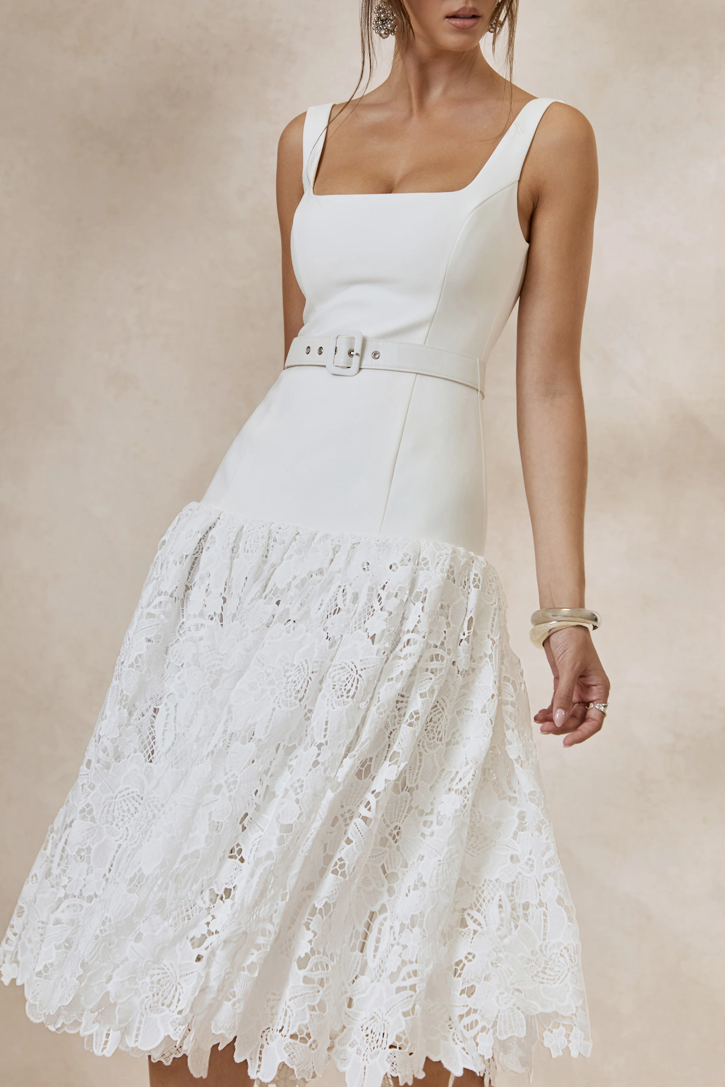 Norrie | White Lace Square-Neck Midi Dress With Voluminous Lace Skirt - Image 4