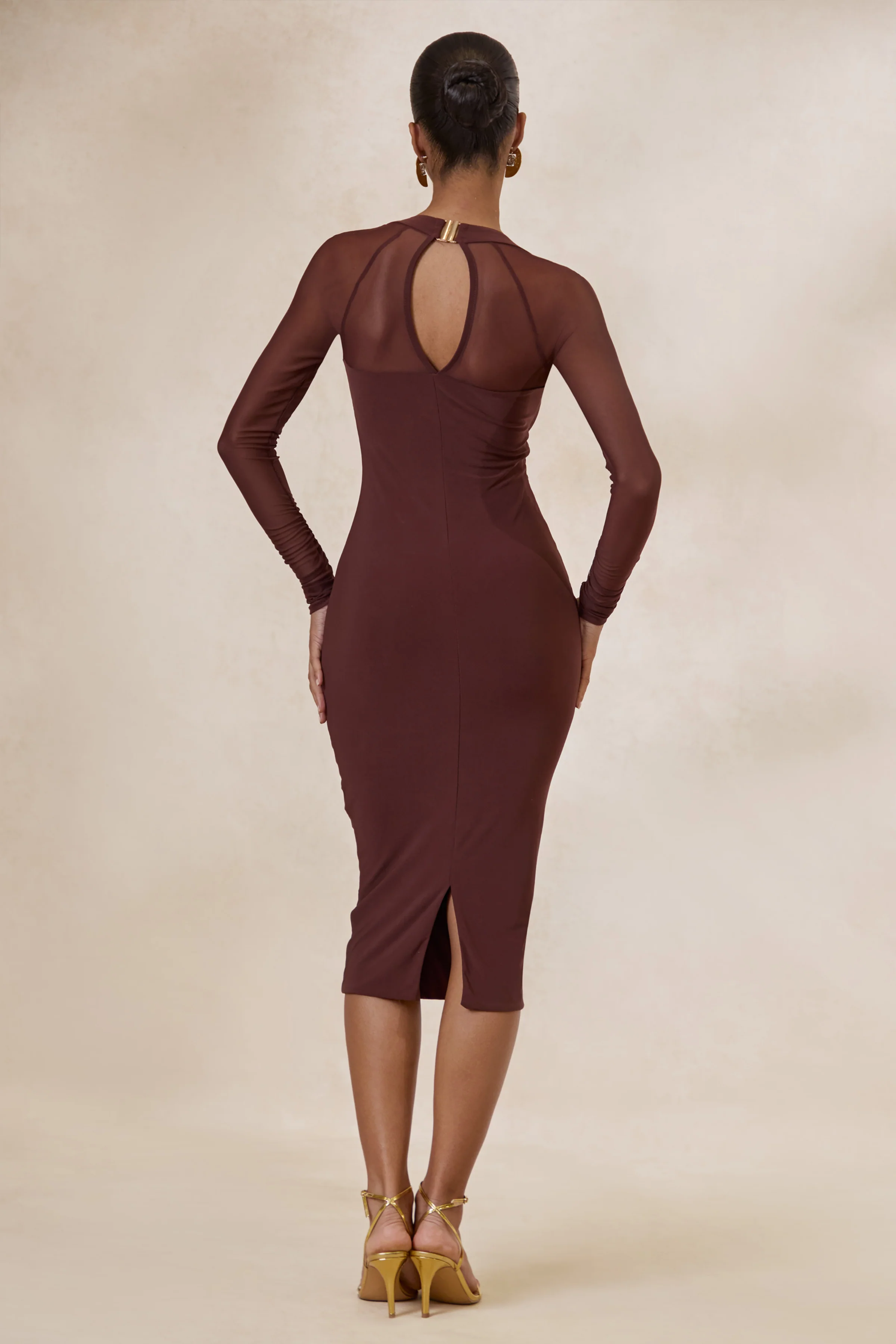Off Track | Brown Bodycon Midi Dress With Sheer Sleeves - Image 2